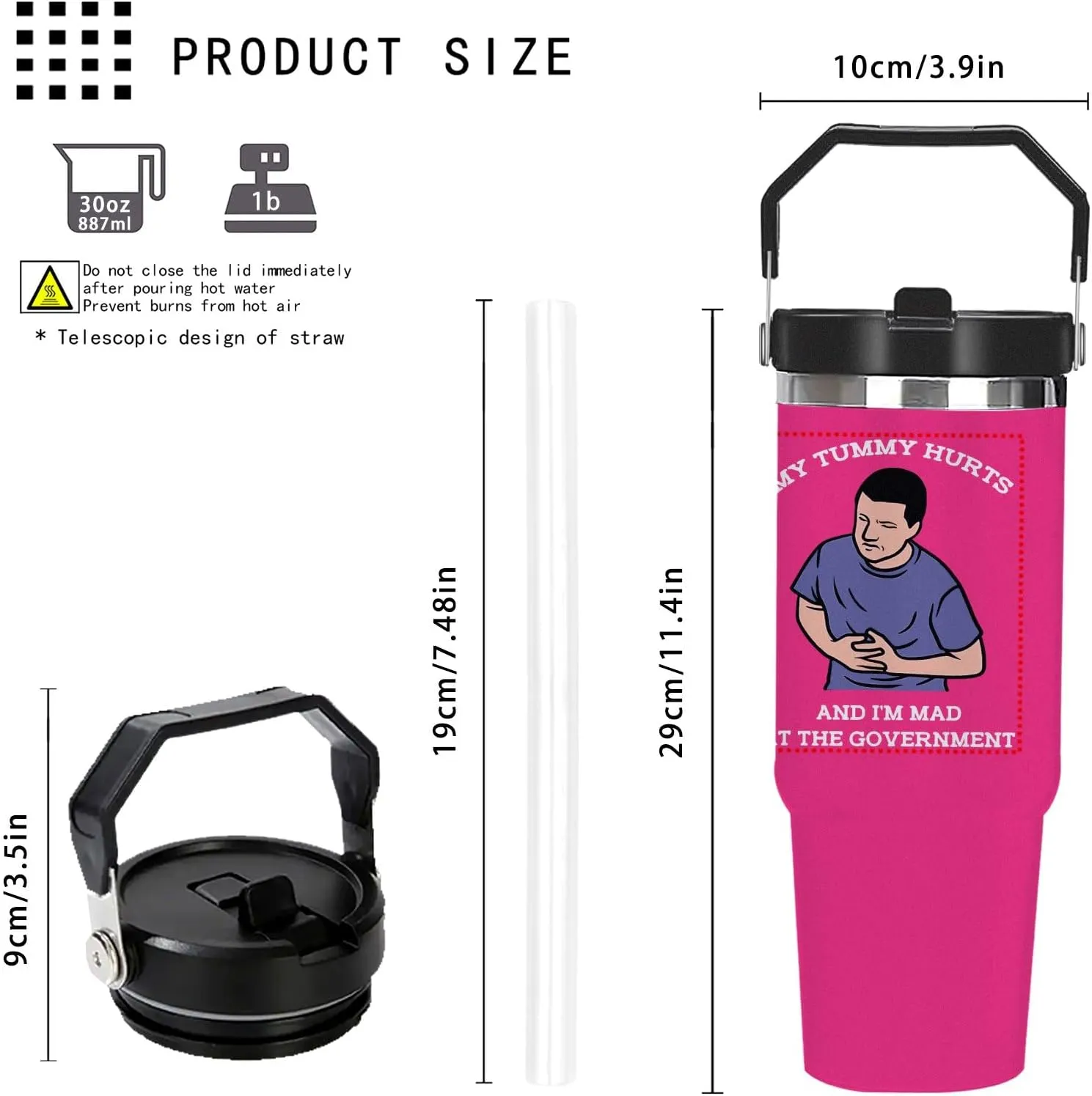 My Tummy Hurts and I'm Mad At The Government Tumbler 30 oz Tumbler with Lid and Straw Insulated Tumblers Stainless Steel Tumblers Funny Gift