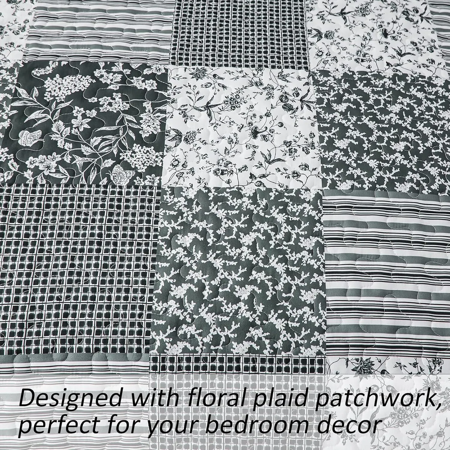Mybedsoul Black Grey Boho Quilt Set King Size,3 Pieces Plaid Floral Bedspread Coverlet Set for All Season,Patchwork Reversible Bedding Set King 90"x104"