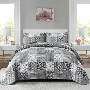 Mybedsoul Black Grey Boho Quilt Set Queen Size,3 Pieces Plaid Floral Bedspread Coverlet Set for All Season,Patchwork Reversible Bedding Set Queen 90"x96"