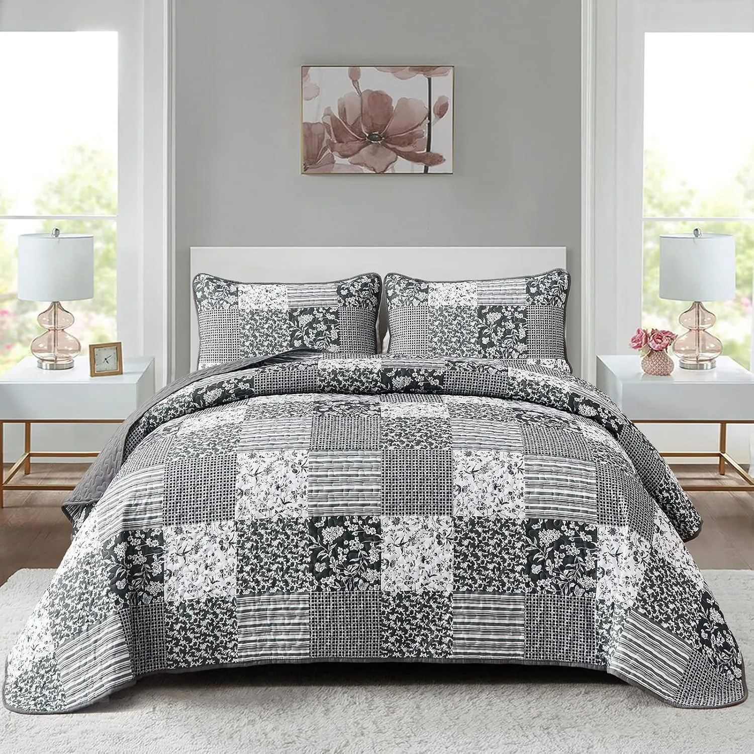 Mybedsoul Black Grey Boho Quilt Set Queen Size,3 Pieces Plaid Floral Bedspread Coverlet Set for All Season,Patchwork Reversible Bedding Set Queen 90"x96"