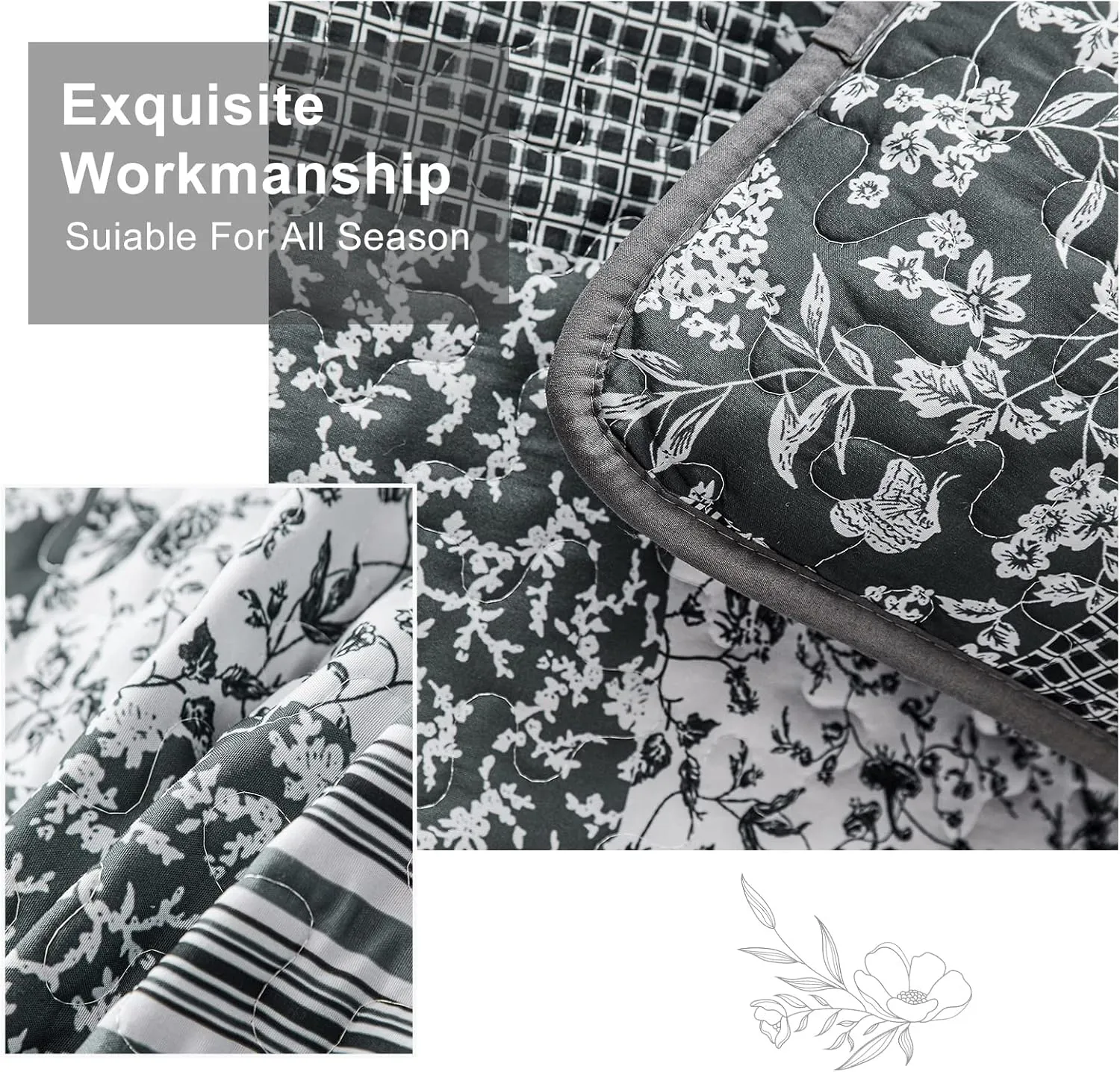 Mybedsoul Black Grey Boho Quilt Set Queen Size,3 Pieces Plaid Floral Bedspread Coverlet Set for All Season,Patchwork Reversible Bedding Set Queen 90"x96"