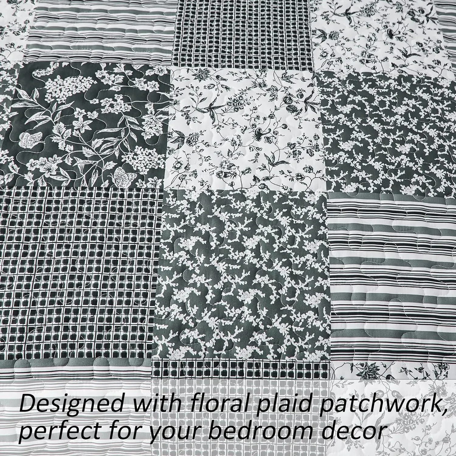 Mybedsoul Black Grey Boho Quilt Set Queen Size,3 Pieces Plaid Floral Bedspread Coverlet Set for All Season,Patchwork Reversible Bedding Set Queen 90"x96"