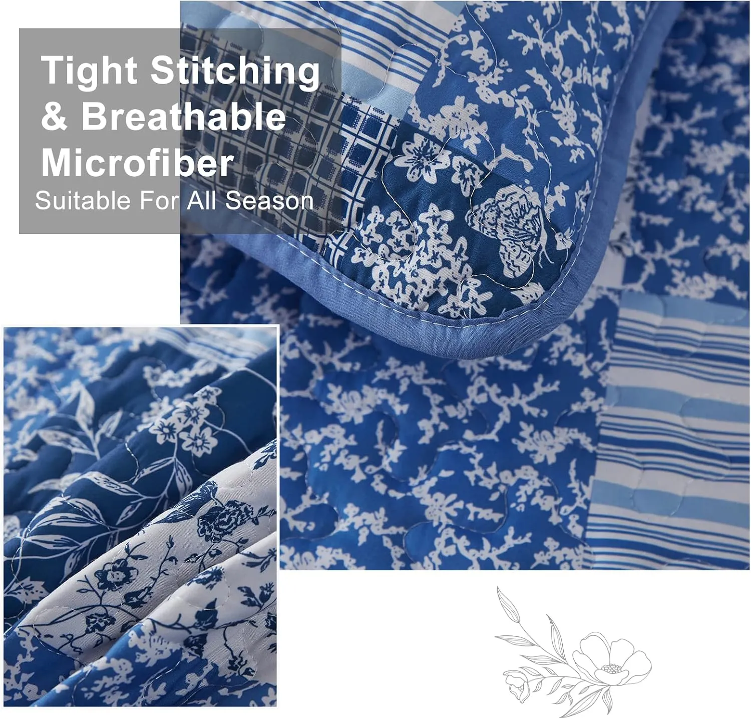 Mybedsoul Blue Boho Quilt Set King Size,3 Pieces Plaid Floral Bedspread Coverlet Set for All Season,Patchwork Reversible Bedding Set King 90"x104"