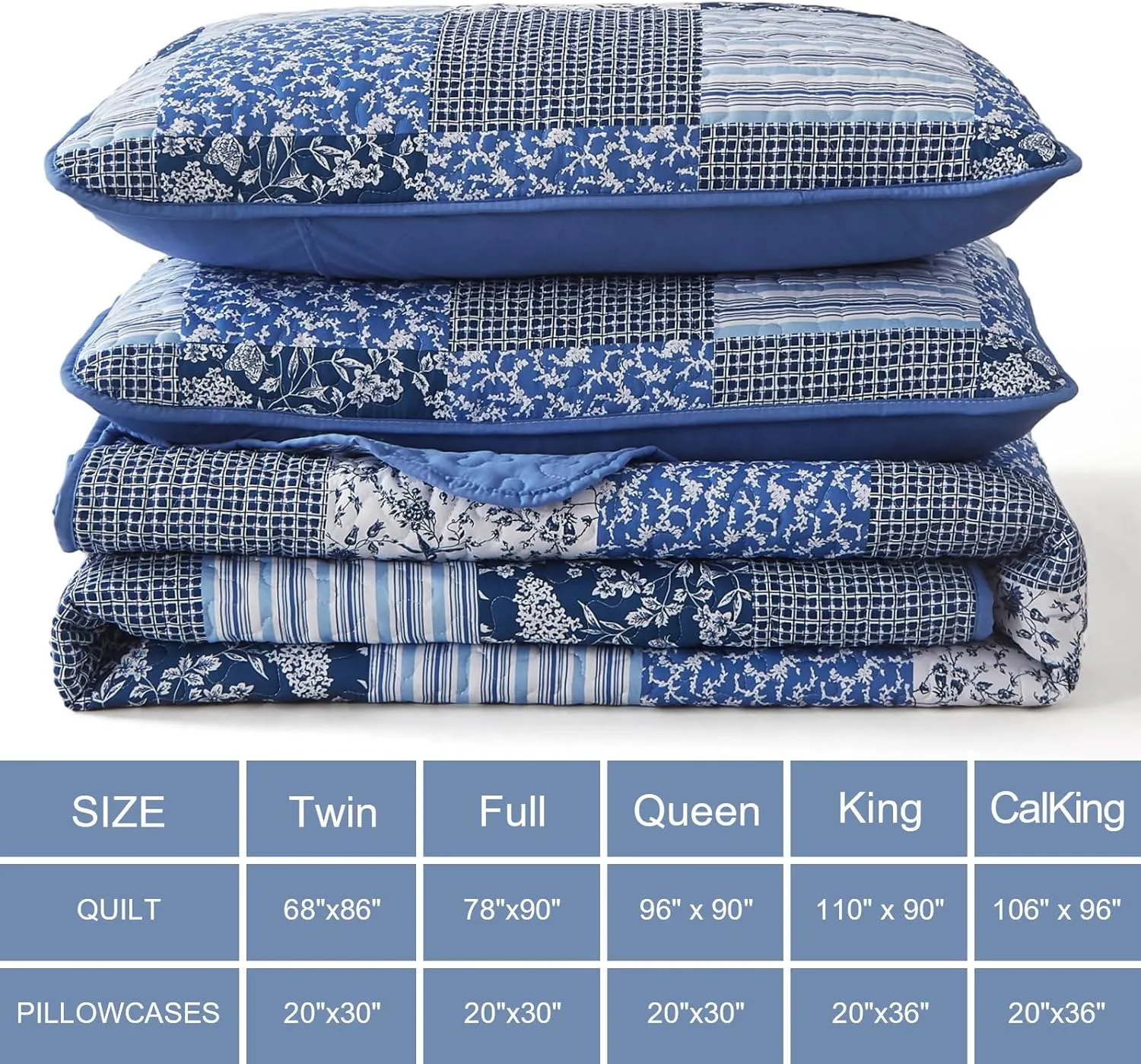 Mybedsoul Blue Boho Quilt Set King Size,3 Pieces Plaid Floral Bedspread Coverlet Set for All Season,Patchwork Reversible Bedding Set King 90"x104"