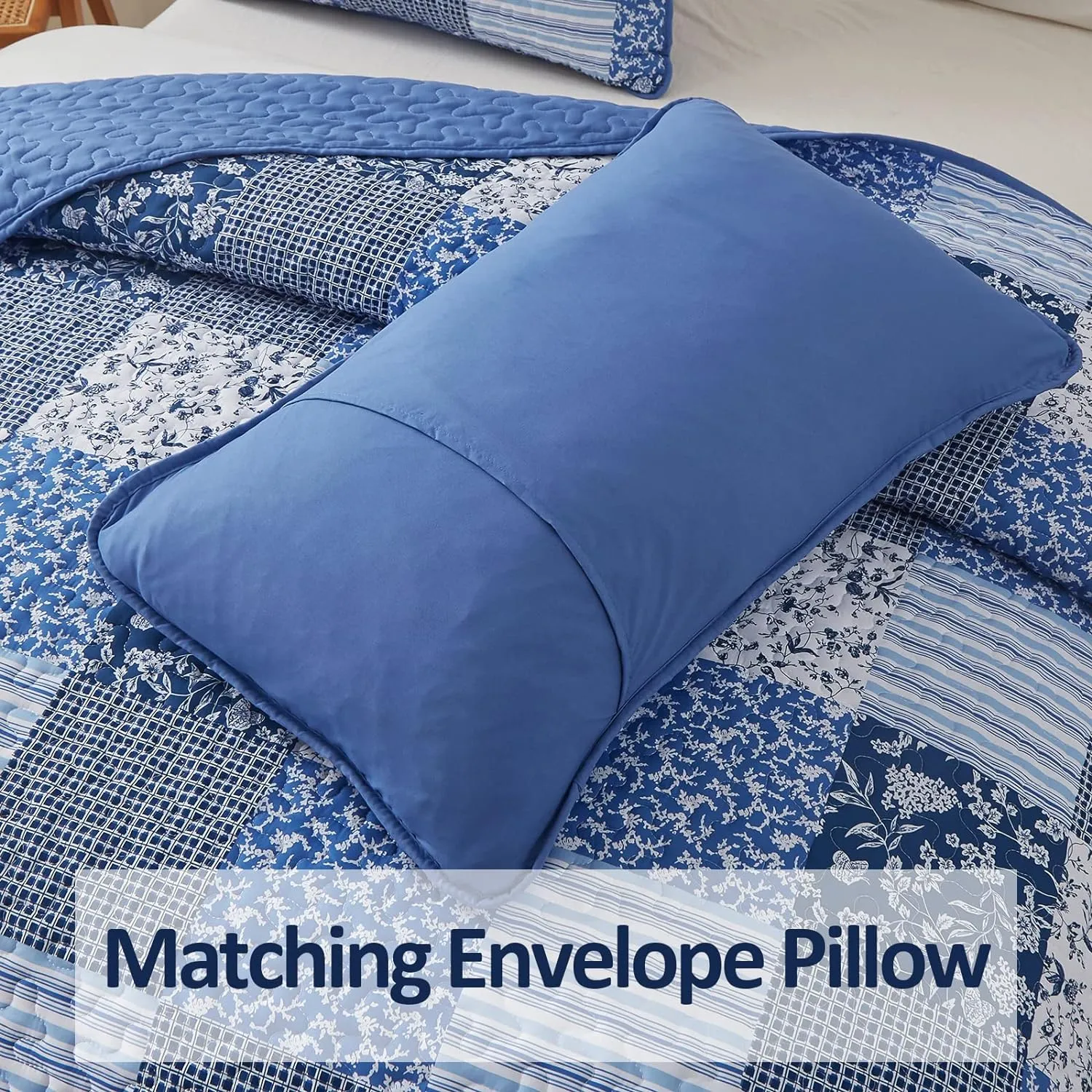Mybedsoul Blue Boho Quilt Set King Size,3 Pieces Plaid Floral Bedspread Coverlet Set for All Season,Patchwork Reversible Bedding Set King 90"x104"