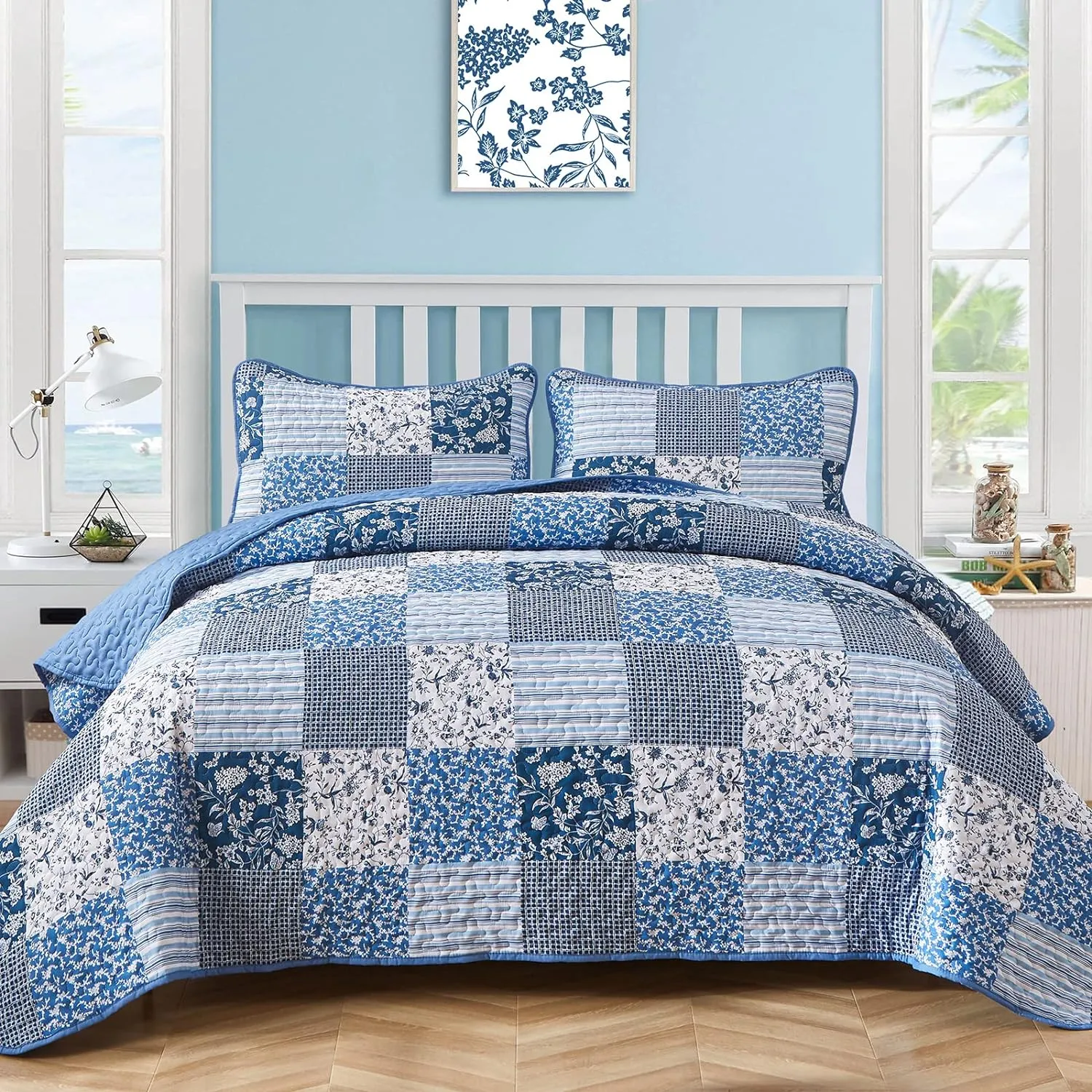 Mybedsoul Blue Boho Quilt Set King Size,3 Pieces Plaid Floral Bedspread Coverlet Set for All Season,Patchwork Reversible Bedding Set King 90"x104"