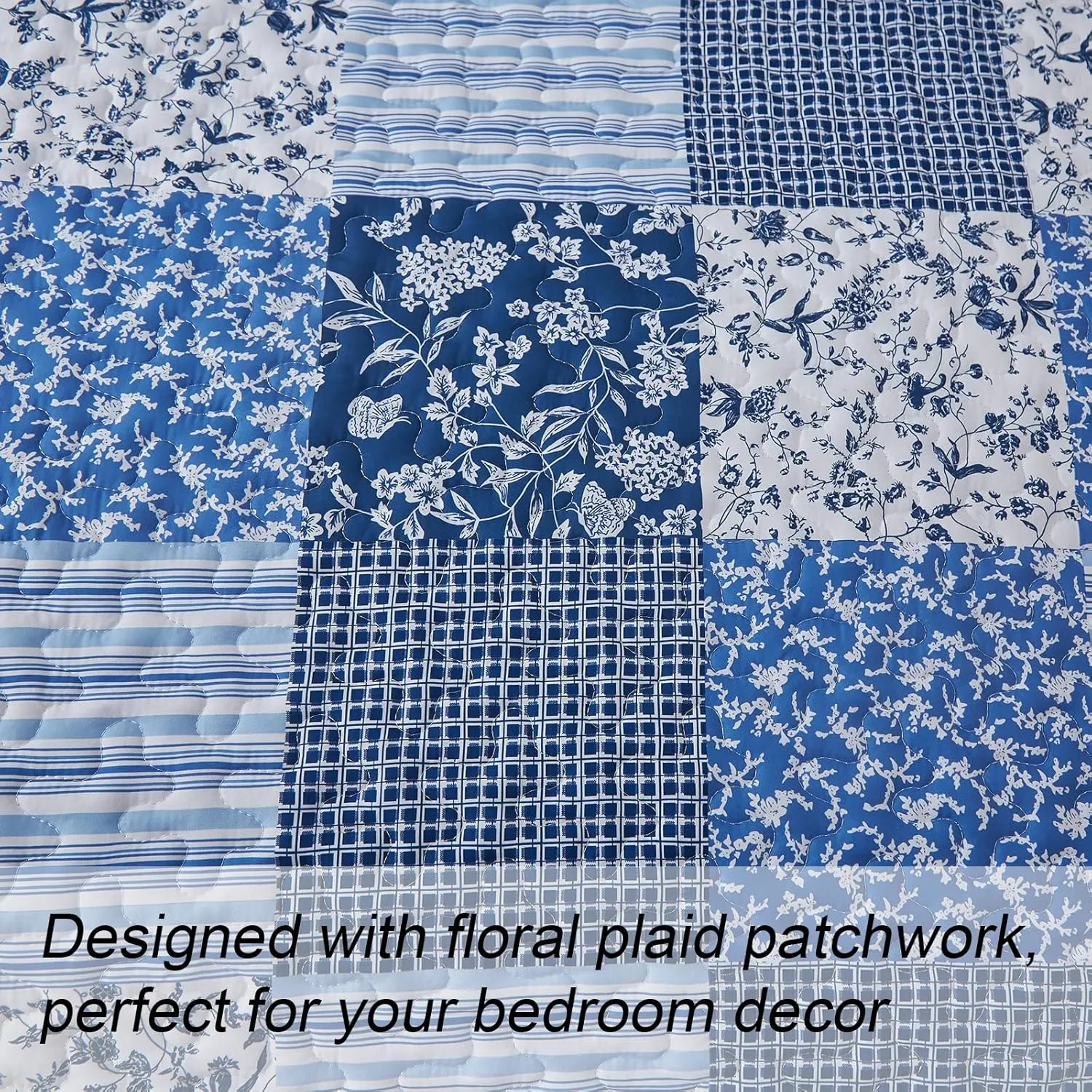 Mybedsoul Blue Boho Quilt Set King Size,3 Pieces Plaid Floral Bedspread Coverlet Set for All Season,Patchwork Reversible Bedding Set King 90"x104"