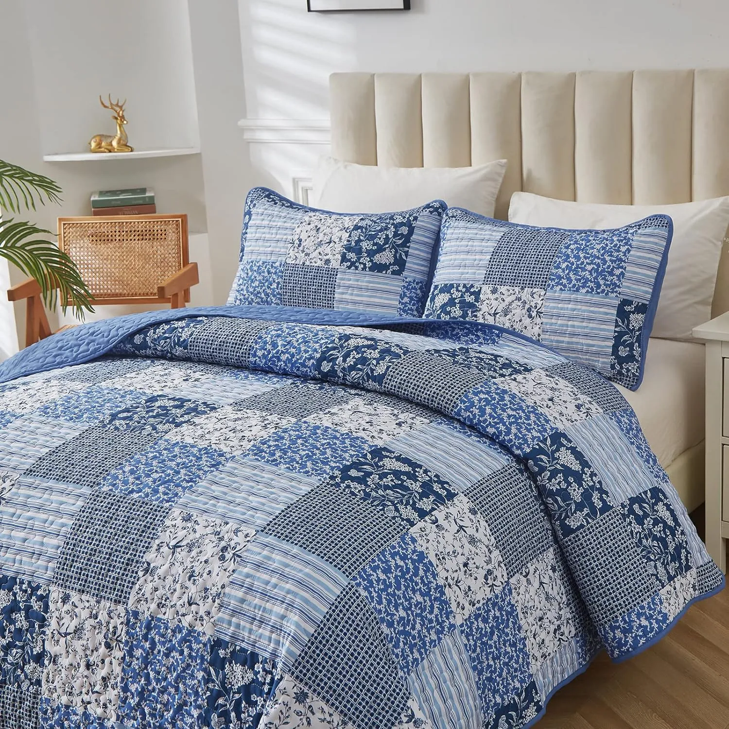 Mybedsoul Blue Boho Quilt Set King Size,3 Pieces Plaid Floral Bedspread Coverlet Set for All Season,Patchwork Reversible Bedding Set King 90"x104"