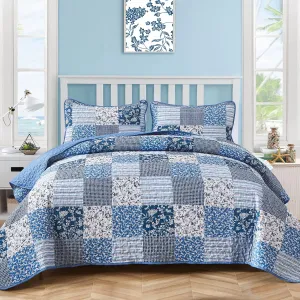 Mybedsoul Blue Boho Quilt Set King Size,3 Pieces Plaid Floral Bedspread Coverlet Set for All Season,Patchwork Reversible Bedding Set King 90"x104"