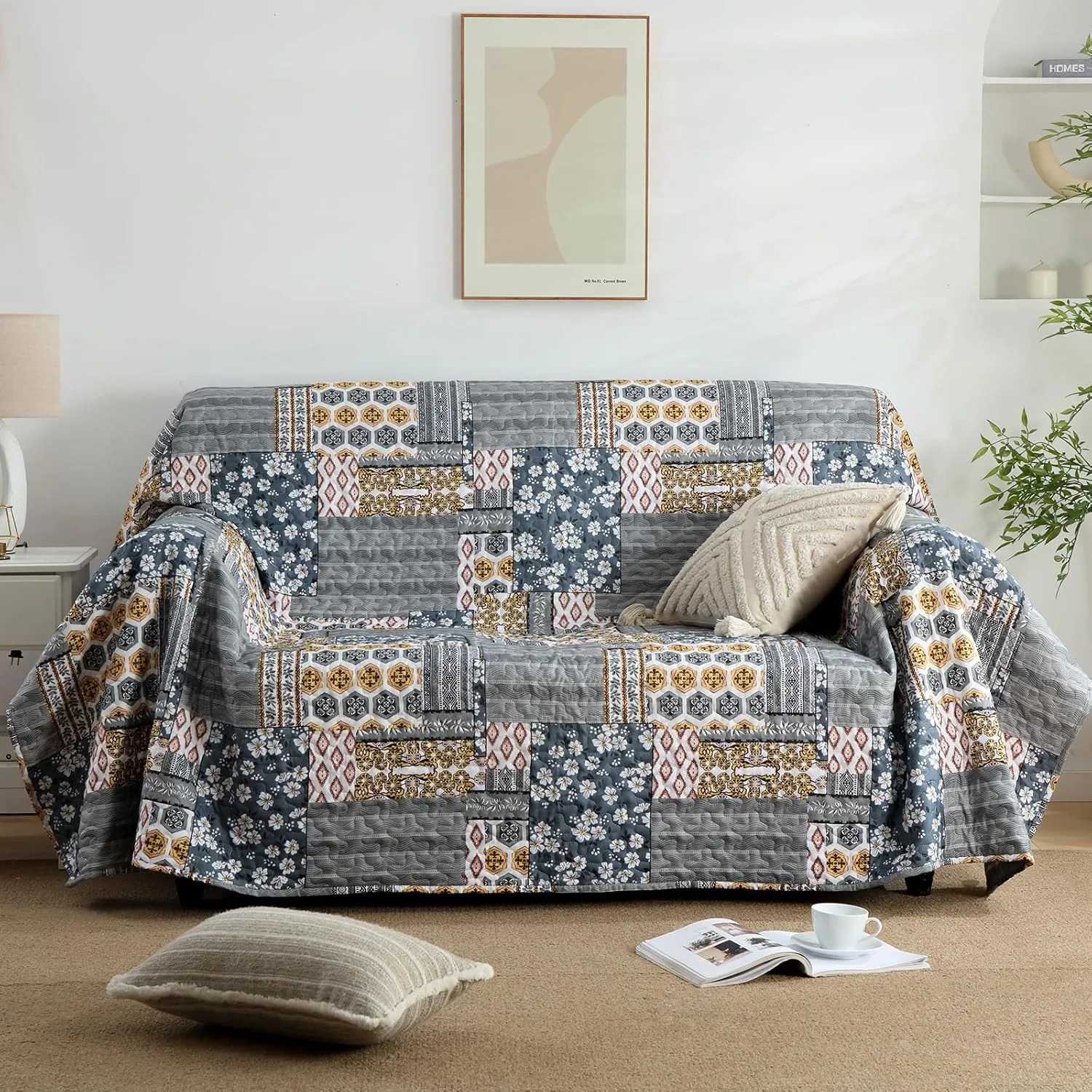 Mybedsoul Dark Grey Quilt Set Queen Size, 3 Pieces Plaid Floral Bedspread Set Patchwork Reversible Bedding Set Microfiber Lightweight Bedspread Coverlet Set for All Season 96"x90"