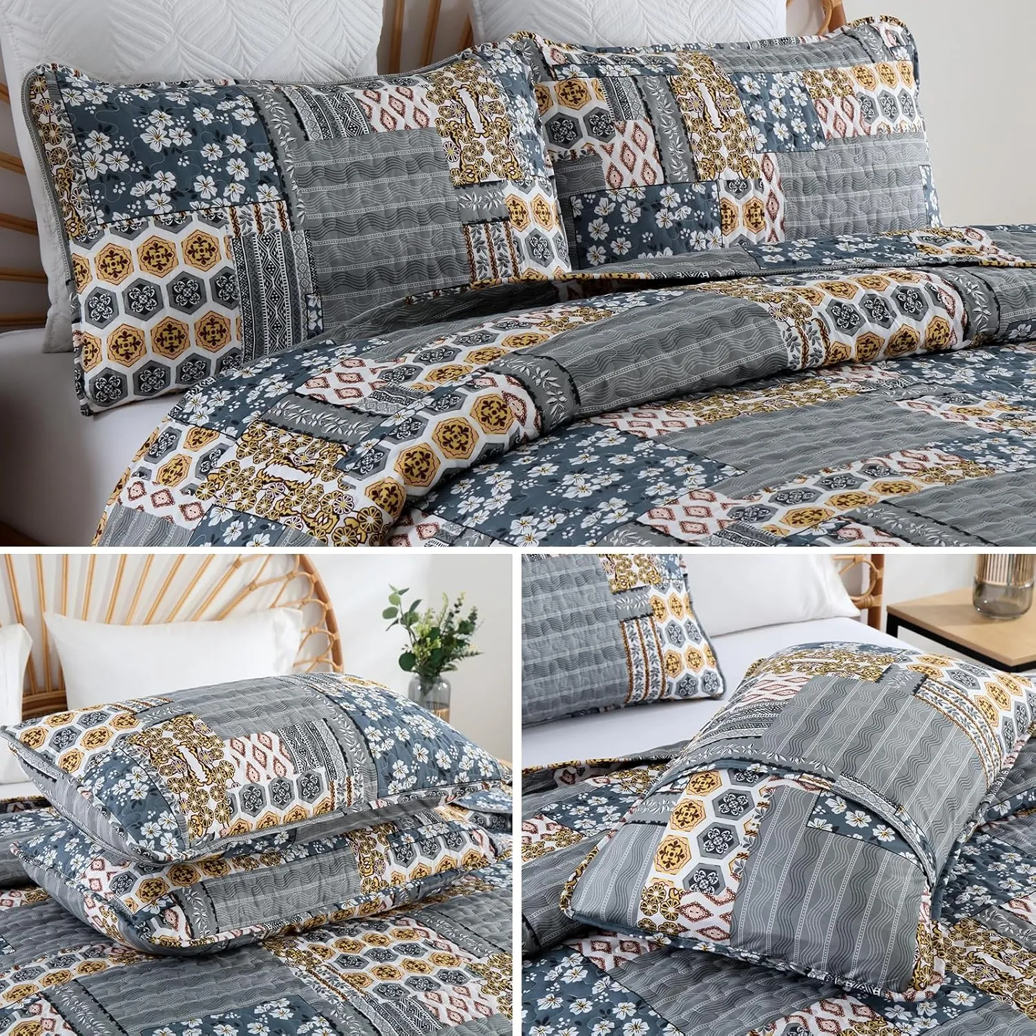Mybedsoul Dark Grey Quilt Set Queen Size, 3 Pieces Plaid Floral Bedspread Set Patchwork Reversible Bedding Set Microfiber Lightweight Bedspread Coverlet Set for All Season 96"x90"