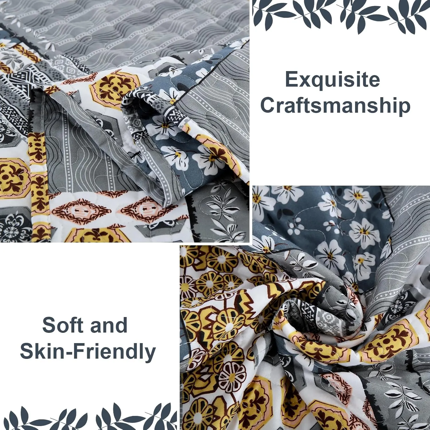 Mybedsoul Dark Grey Quilt Set Queen Size, 3 Pieces Plaid Floral Bedspread Set Patchwork Reversible Bedding Set Microfiber Lightweight Bedspread Coverlet Set for All Season 96"x90"