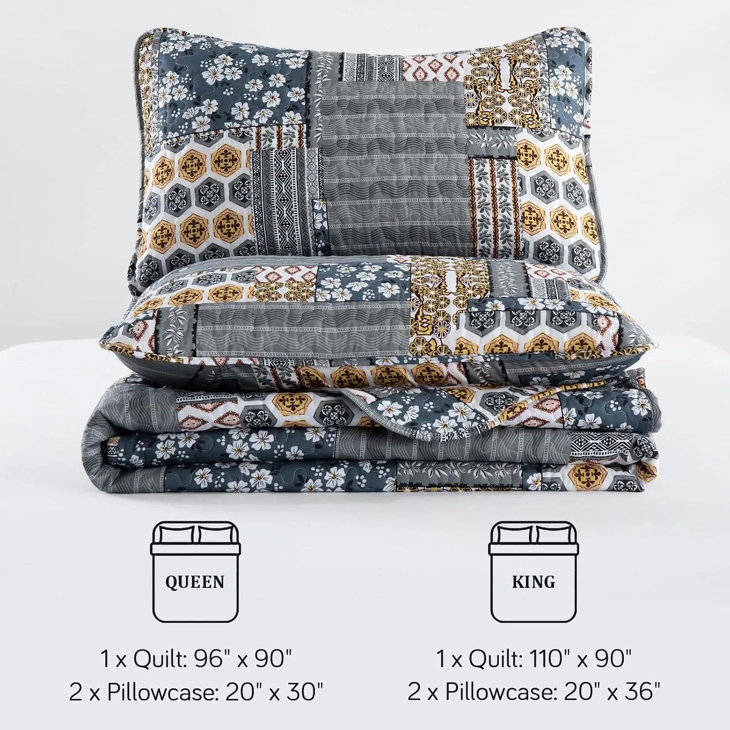 Mybedsoul Dark Grey Quilt Set Queen Size, 3 Pieces Plaid Floral Bedspread Set Patchwork Reversible Bedding Set Microfiber Lightweight Bedspread Coverlet Set for All Season 96"x90"