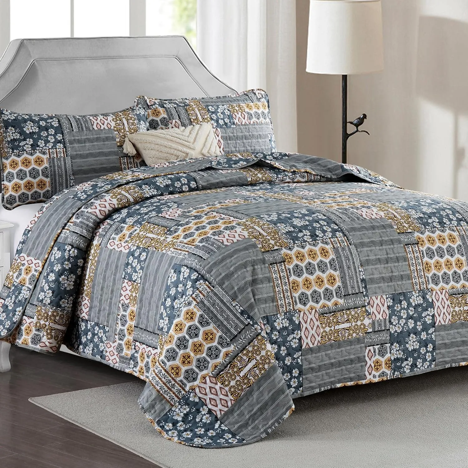 Mybedsoul Dark Grey Quilt Set Queen Size, 3 Pieces Plaid Floral Bedspread Set Patchwork Reversible Bedding Set Microfiber Lightweight Bedspread Coverlet Set for All Season 96"x90"