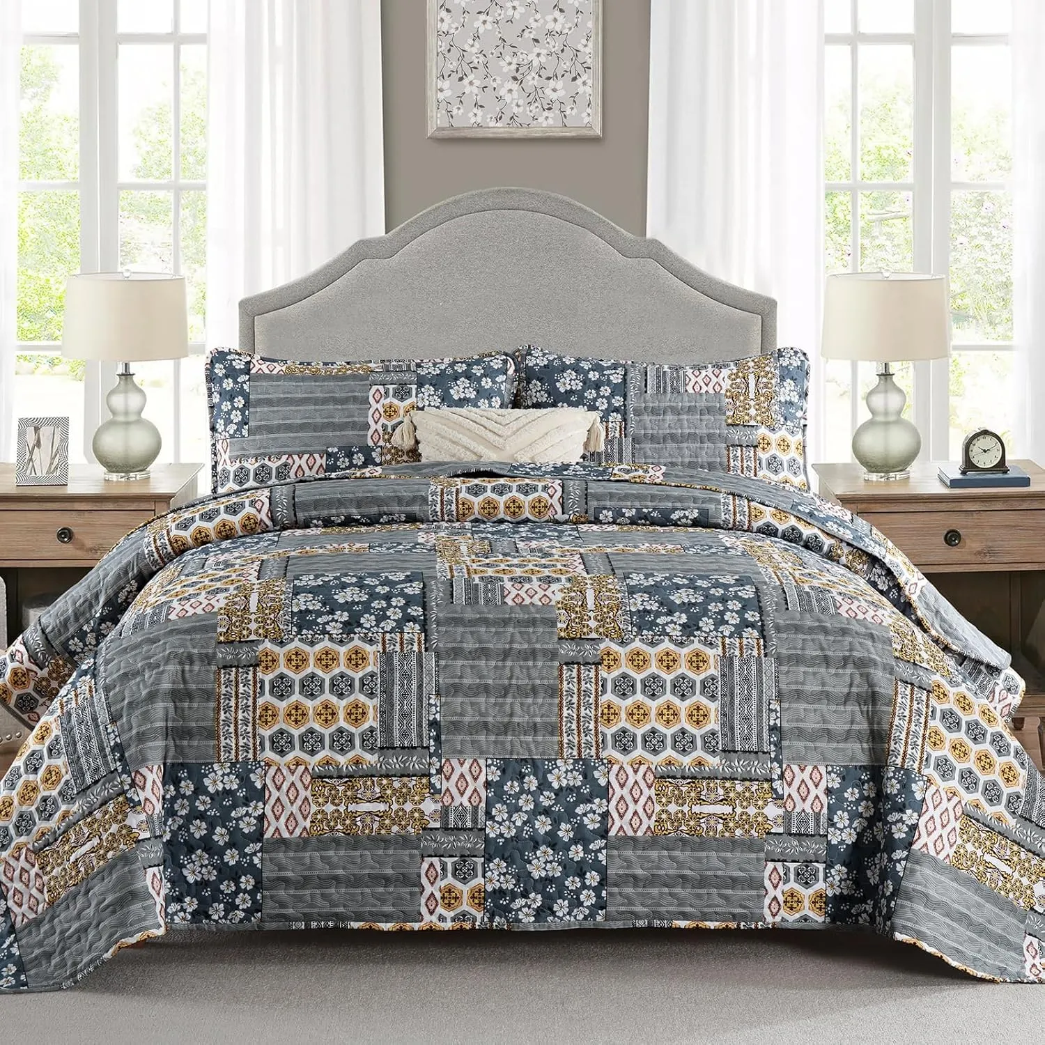 Mybedsoul Dark Grey Quilt Set Queen Size, 3 Pieces Plaid Floral Bedspread Set Patchwork Reversible Bedding Set Microfiber Lightweight Bedspread Coverlet Set for All Season 96"x90"