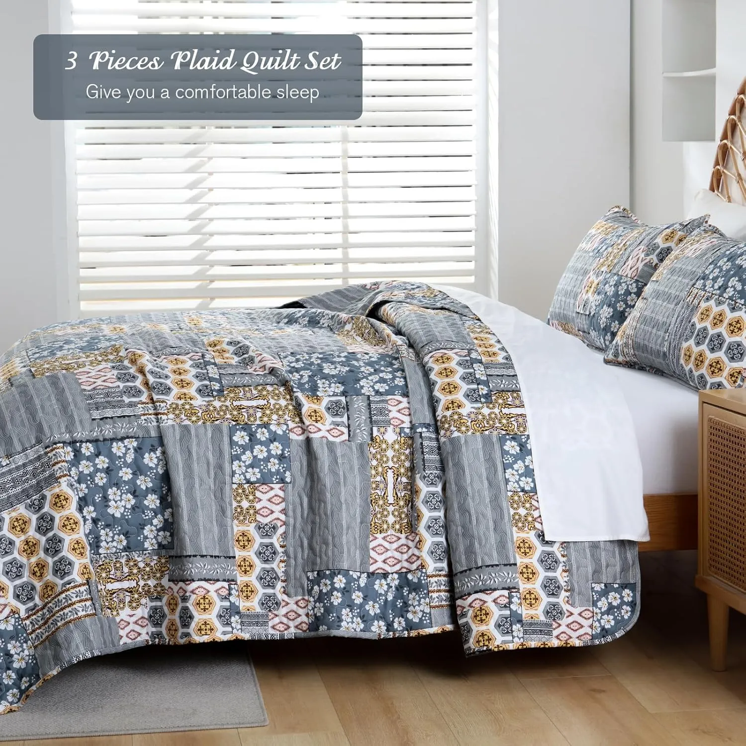 Mybedsoul Dark Grey Quilt Set Queen Size, 3 Pieces Plaid Floral Bedspread Set Patchwork Reversible Bedding Set Microfiber Lightweight Bedspread Coverlet Set for All Season 96"x90"