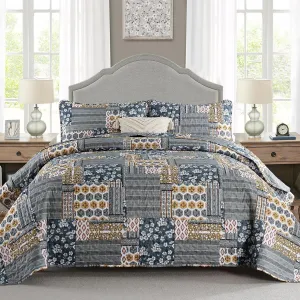 Mybedsoul Dark Grey Quilt Set Queen Size, 3 Pieces Plaid Floral Bedspread Set Patchwork Reversible Bedding Set Microfiber Lightweight Bedspread Coverlet Set for All Season 96"x90"