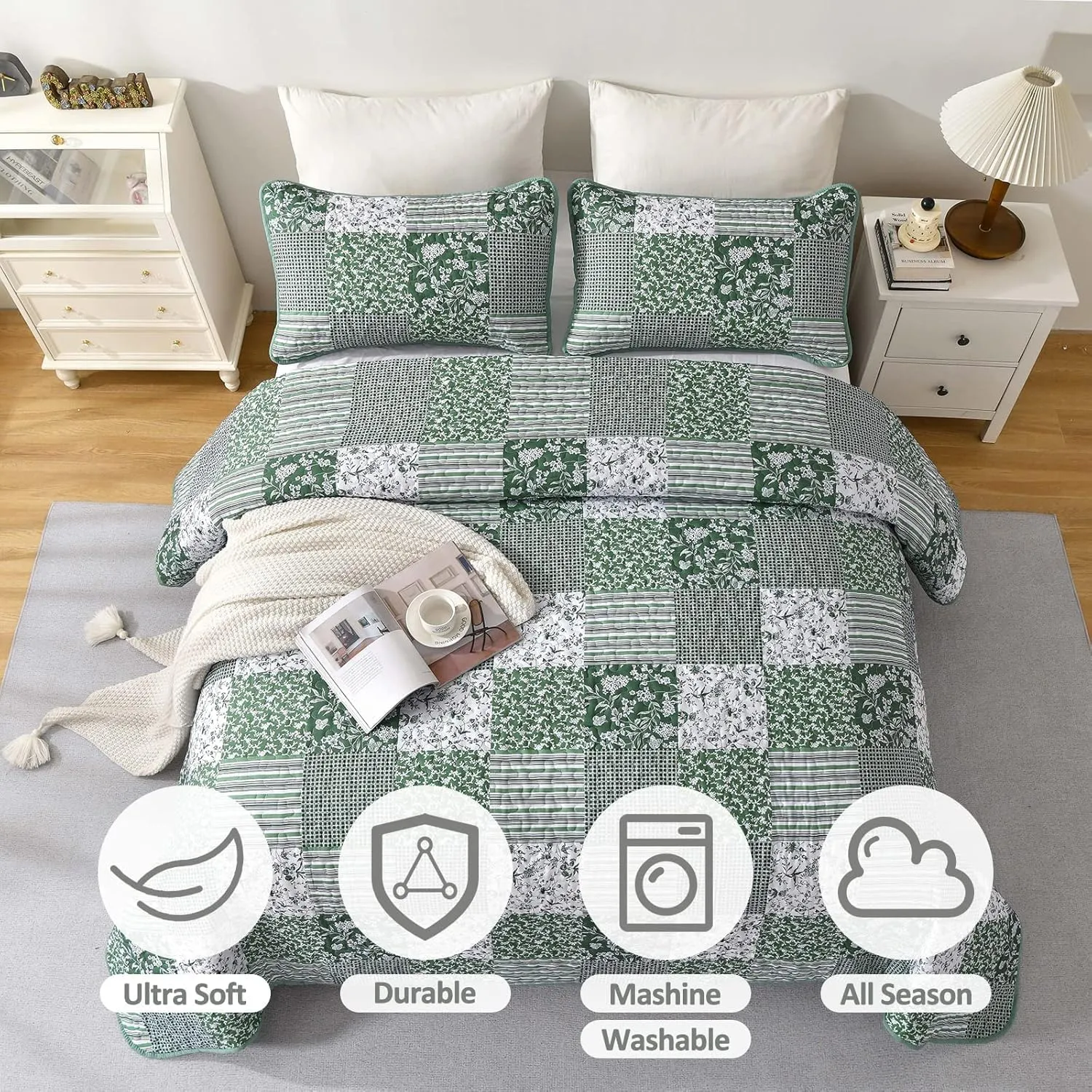 Mybedsoul Green Quilt Set Twin Size, 2 Pieces Plaid Floral Bedspread Set Patchwork Reversible Bedding Set Microfiber Lightweight Bedspread Coverlet Set for All Season 68"x86"