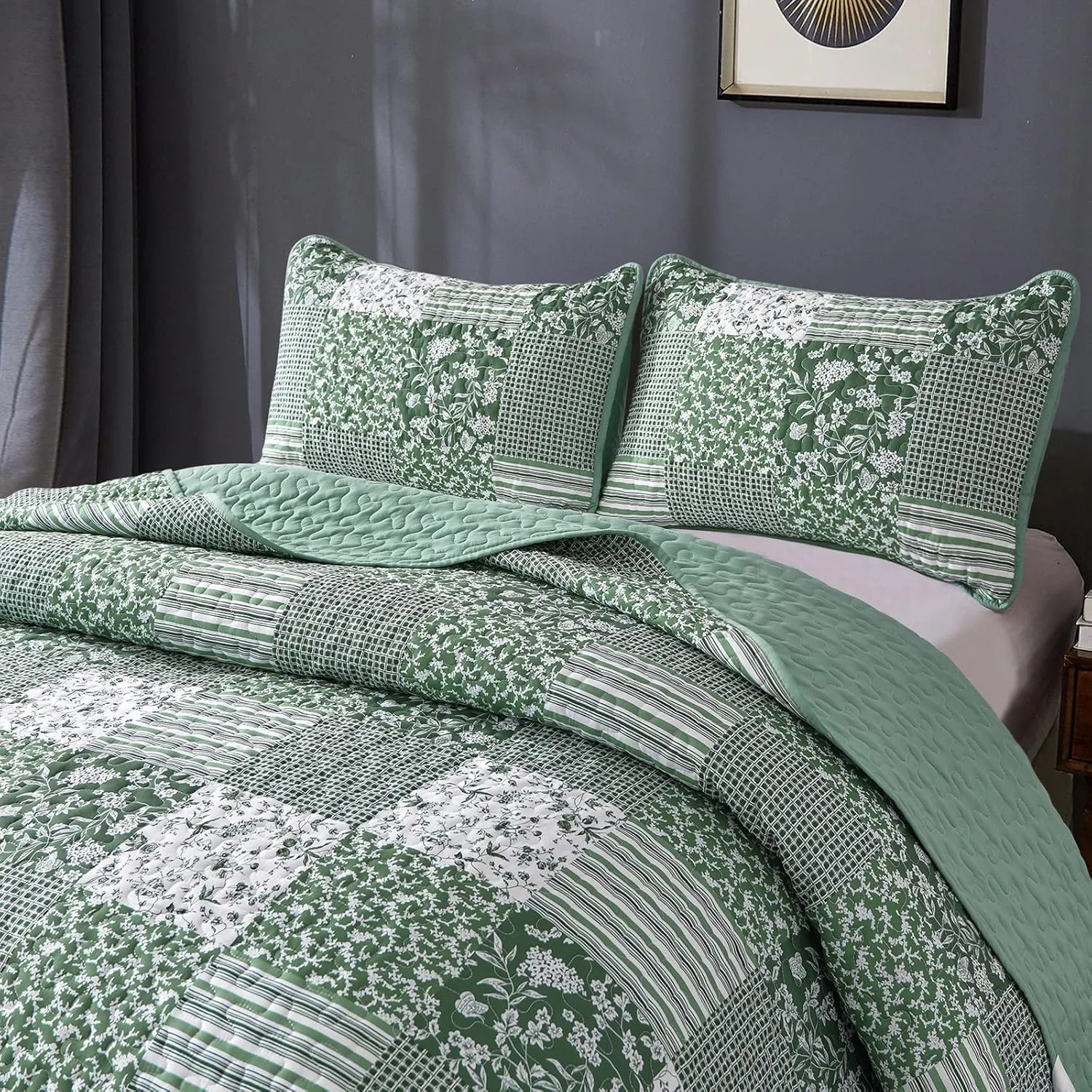 Mybedsoul Green Quilt Set Twin Size, 2 Pieces Plaid Floral Bedspread Set Patchwork Reversible Bedding Set Microfiber Lightweight Bedspread Coverlet Set for All Season 68"x86"
