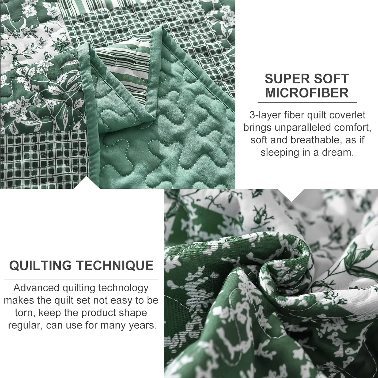 Mybedsoul Green Quilt Set Twin Size, 2 Pieces Plaid Floral Bedspread Set Patchwork Reversible Bedding Set Microfiber Lightweight Bedspread Coverlet Set for All Season 68"x86"