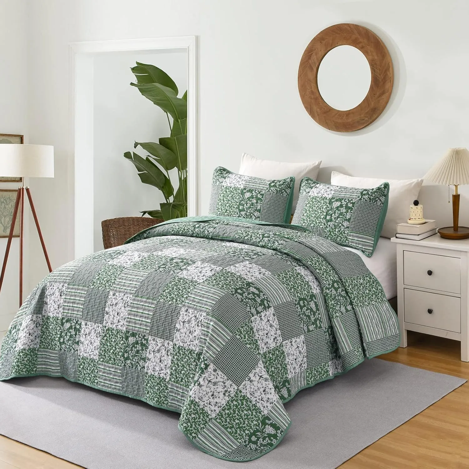 Mybedsoul Green Quilt Set Twin Size, 2 Pieces Plaid Floral Bedspread Set Patchwork Reversible Bedding Set Microfiber Lightweight Bedspread Coverlet Set for All Season 68"x86"