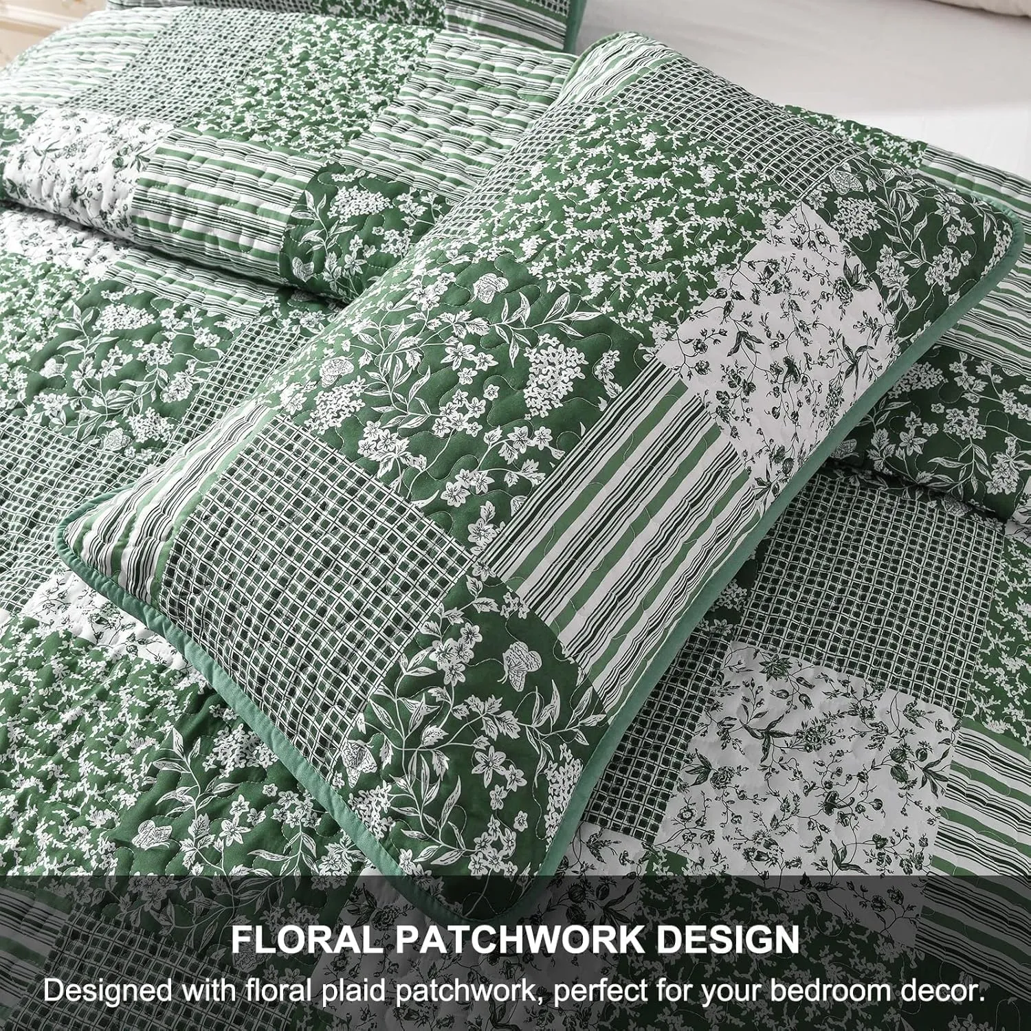 Mybedsoul Green Quilt Set Twin Size, 2 Pieces Plaid Floral Bedspread Set Patchwork Reversible Bedding Set Microfiber Lightweight Bedspread Coverlet Set for All Season 68"x86"