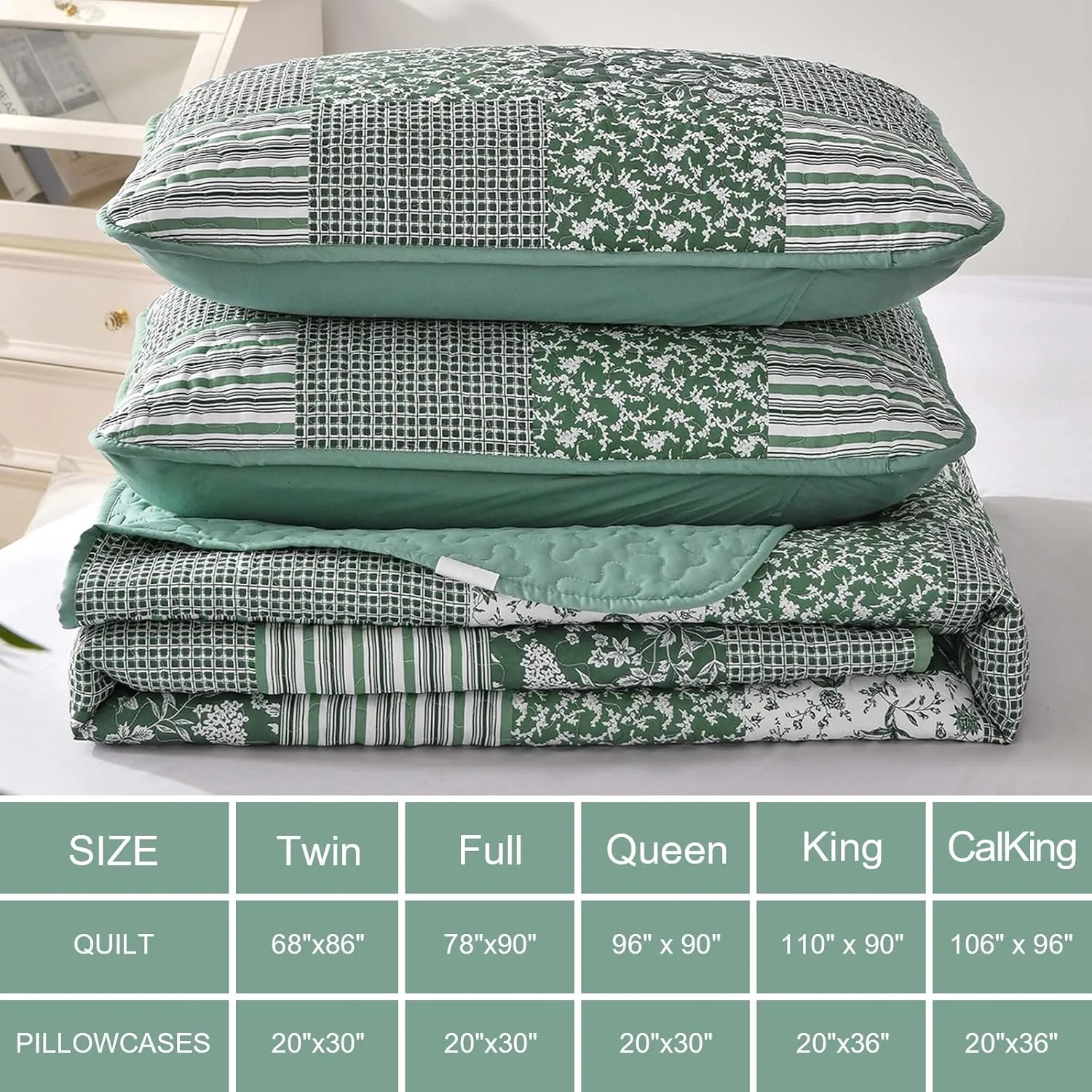 Mybedsoul Green Quilt Set Twin Size, 2 Pieces Plaid Floral Bedspread Set Patchwork Reversible Bedding Set Microfiber Lightweight Bedspread Coverlet Set for All Season 68"x86"