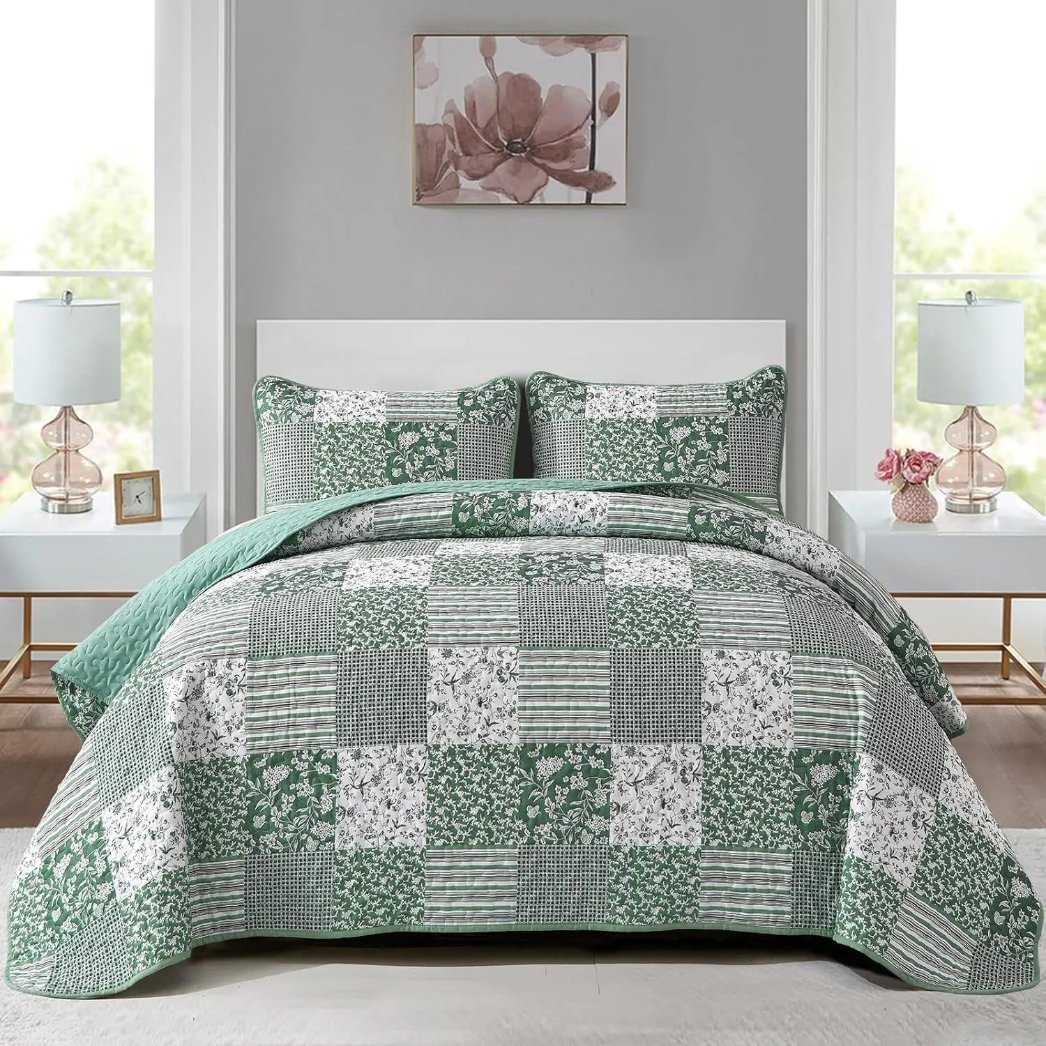 Mybedsoul Green Quilt Set Twin Size, 2 Pieces Plaid Floral Bedspread Set Patchwork Reversible Bedding Set Microfiber Lightweight Bedspread Coverlet Set for All Season 68"x86"