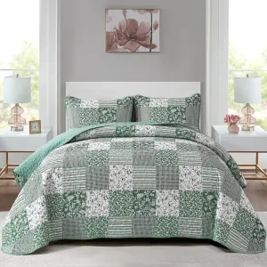 Mybedsoul Green Quilt Set Twin Size, 2 Pieces Plaid Floral Bedspread Set Patchwork Reversible Bedding Set Microfiber Lightweight Bedspread Coverlet Set for All Season 68"x86"
