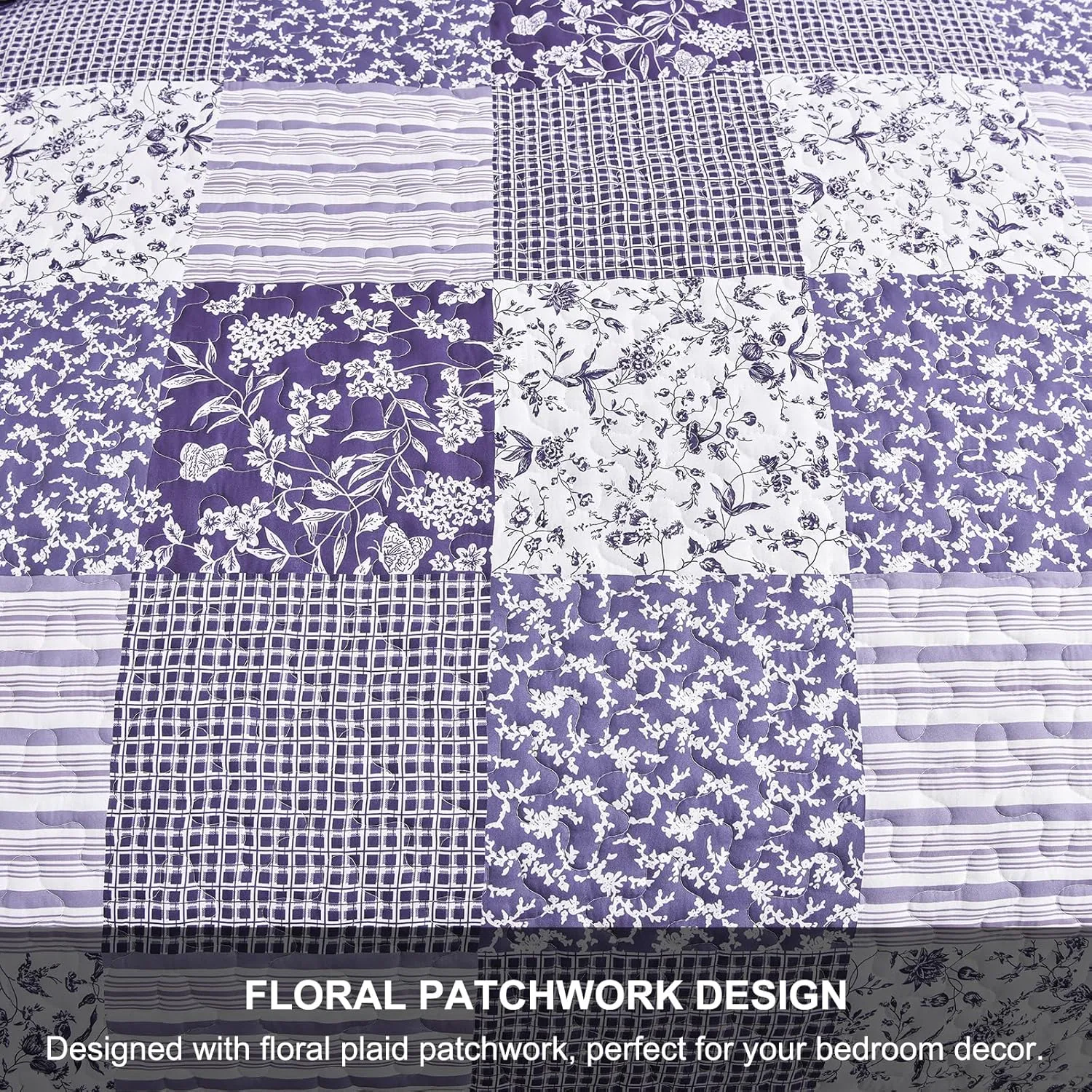 Mybedsoul Purple Quilt Set California King Size, 3 Pieces Boho Plaid Floral Bedspread Set Microfiber Lightweight Bohemian Bedding Bedspread Coverlet Set for All Season 106"x 96"