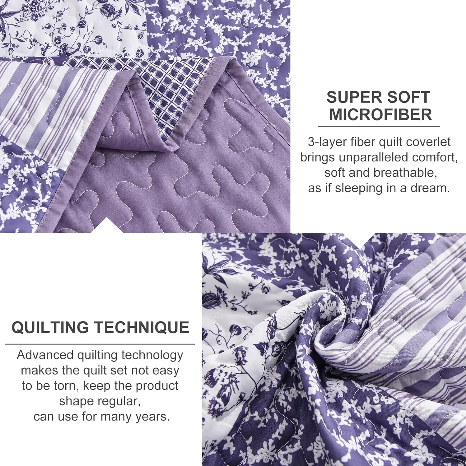 Mybedsoul Purple Quilt Set California King Size, 3 Pieces Boho Plaid Floral Bedspread Set Microfiber Lightweight Bohemian Bedding Bedspread Coverlet Set for All Season 106"x 96"
