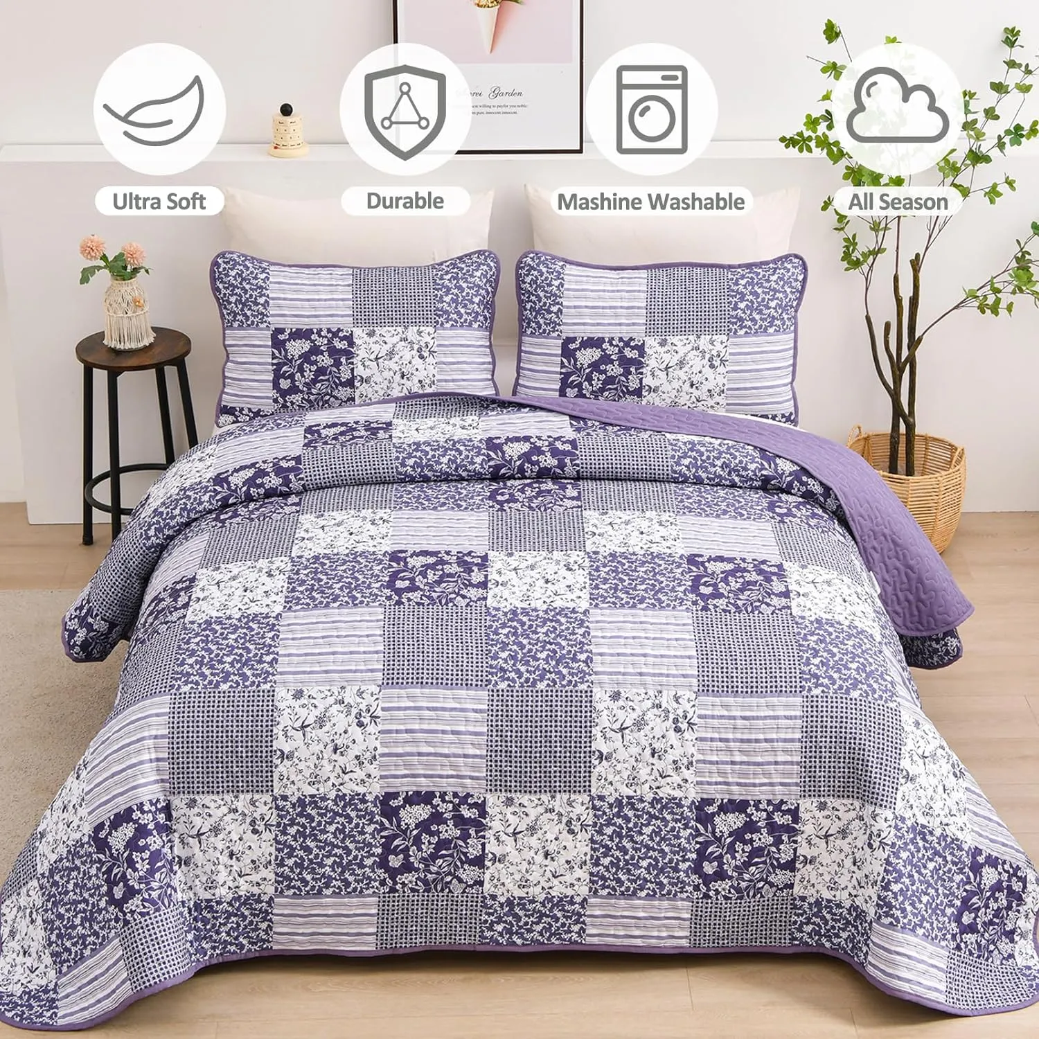 Mybedsoul Purple Quilt Set California King Size, 3 Pieces Boho Plaid Floral Bedspread Set Microfiber Lightweight Bohemian Bedding Bedspread Coverlet Set for All Season 106"x 96"