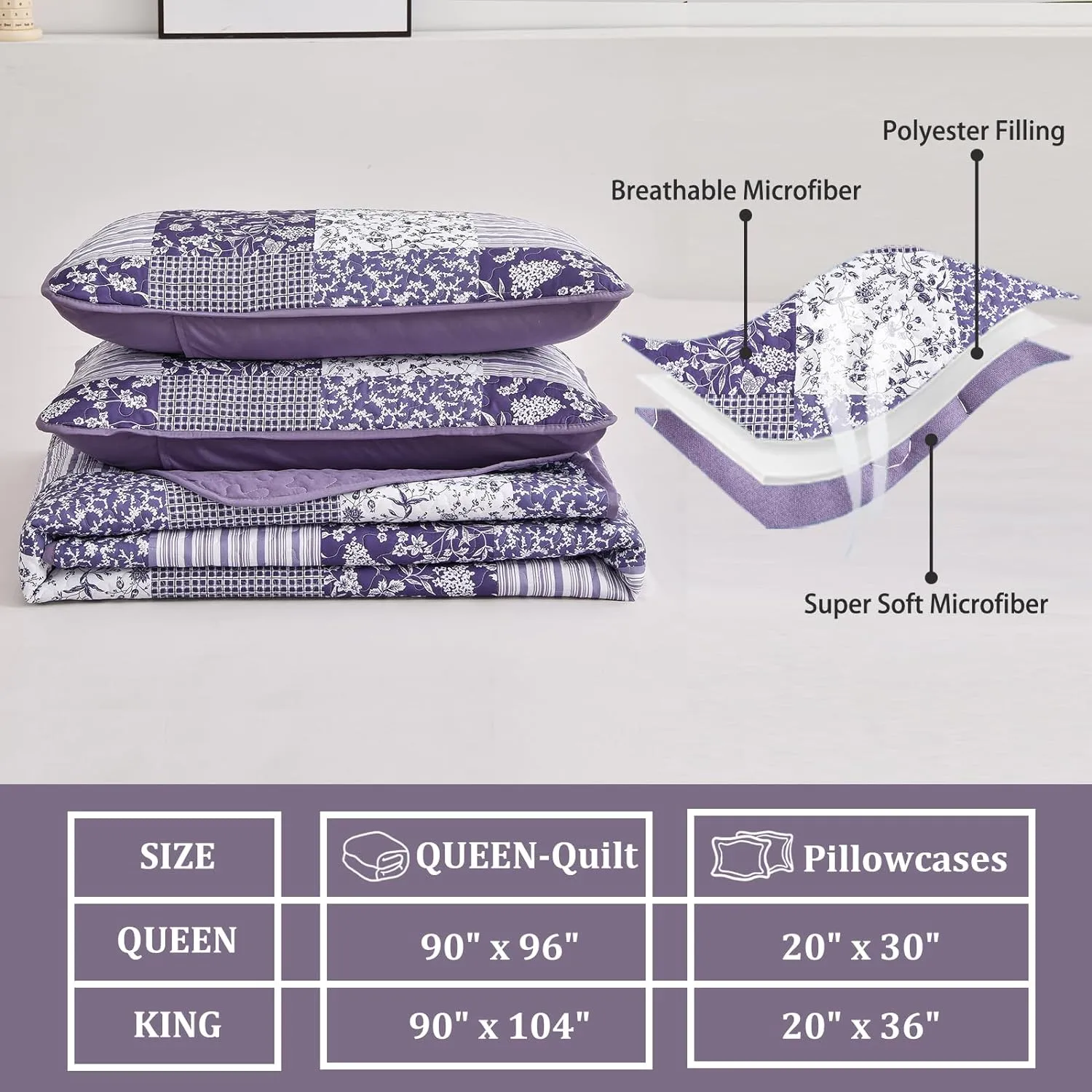 Mybedsoul Purple Quilt Set California King Size, 3 Pieces Boho Plaid Floral Bedspread Set Microfiber Lightweight Bohemian Bedding Bedspread Coverlet Set for All Season 106"x 96"