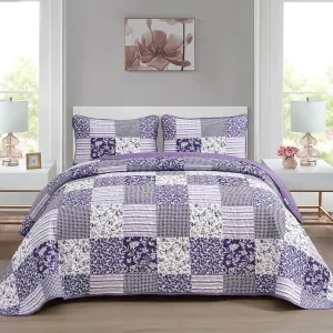 Mybedsoul Purple Quilt Set California King Size, 3 Pieces Boho Plaid Floral Bedspread Set Microfiber Lightweight Bohemian Bedding Bedspread Coverlet Set for All Season 106"x 96"