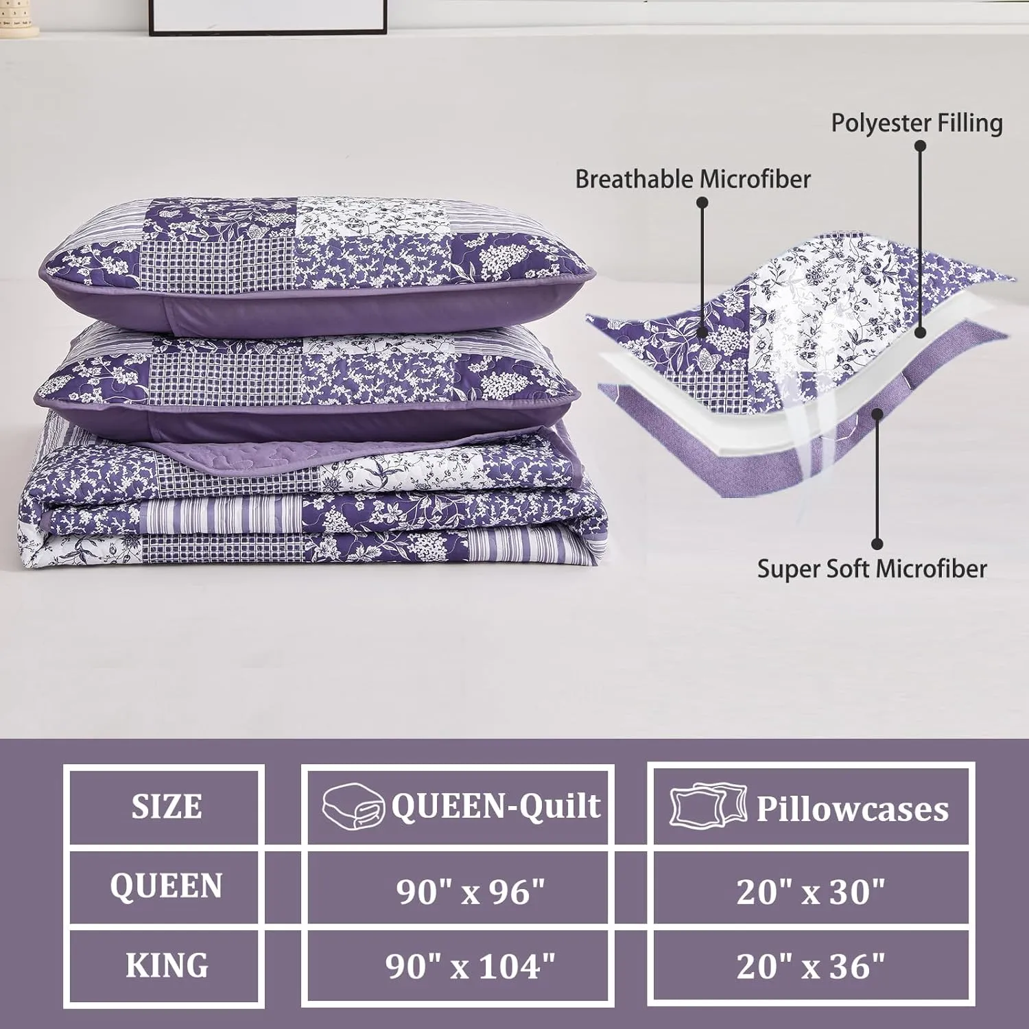 Mybedsoul Purple Quilt Set King Size Quilt Bedding Set Brown Plaid,3 Pieces Floral Patchwork Reversible Bedspread Coverlet Set for All Season,Soft Microfiber Bedding Set King 90"x104"