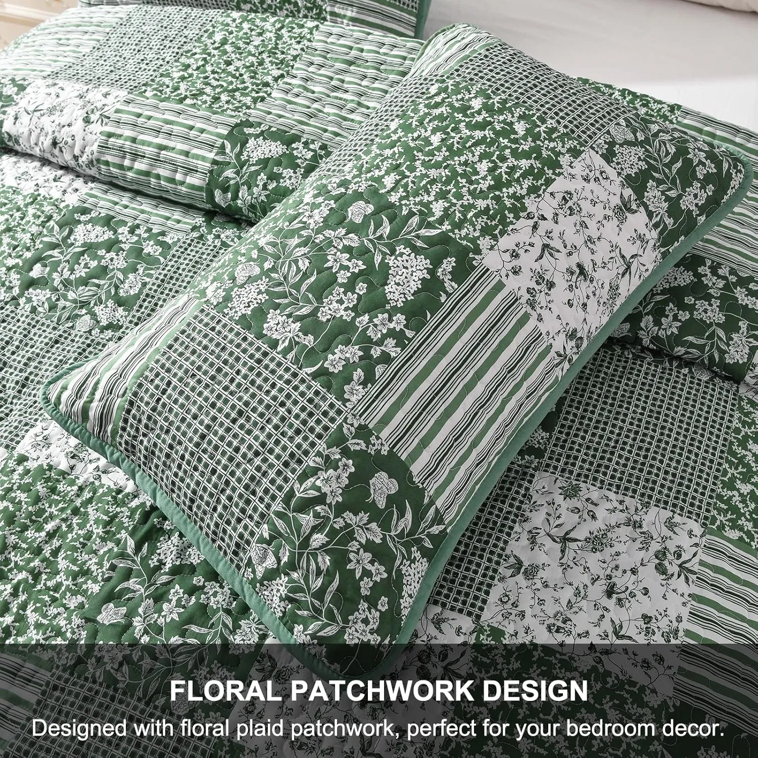 Mybedsoul Sage Green Boho King Quilt Set, 3-Piece Reversible Soft Plaid Floral Bedding Set with 2 Pillow Shams - Sage Green King Size Quilt Bedspread Coverlet Set 90"x104"