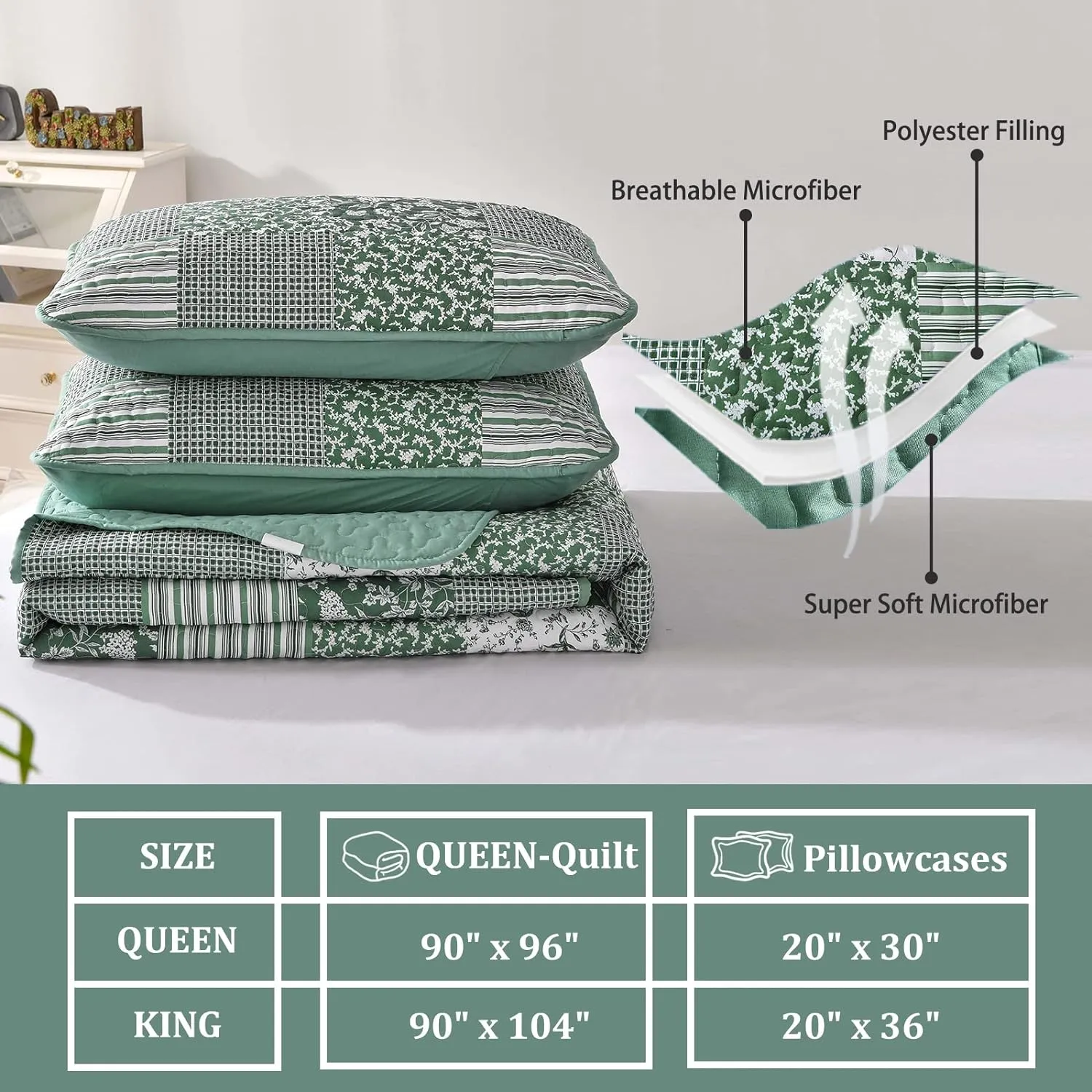 Mybedsoul Sage Green Boho King Quilt Set, 3-Piece Reversible Soft Plaid Floral Bedding Set with 2 Pillow Shams - Sage Green King Size Quilt Bedspread Coverlet Set 90"x104"
