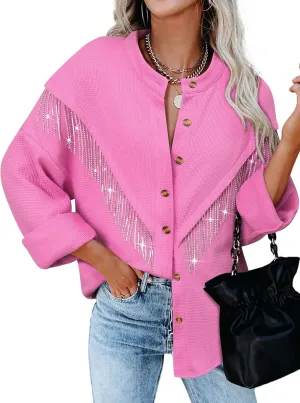 MYMORE Women's Sparkly Rhinestone Fringe Shacket Jacket Waffle Glitter Tassel Shirt Western Cowgirl Country Concert Outfits