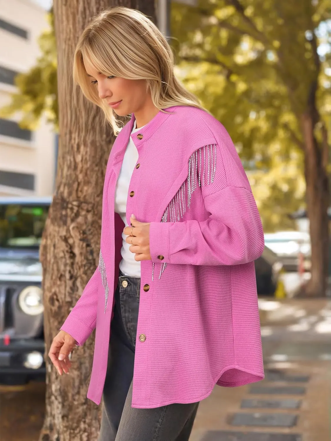MYMORE Women's Sparkly Rhinestone Fringe Shacket Jacket Waffle Glitter Tassel Shirt Western Cowgirl Country Concert Outfits