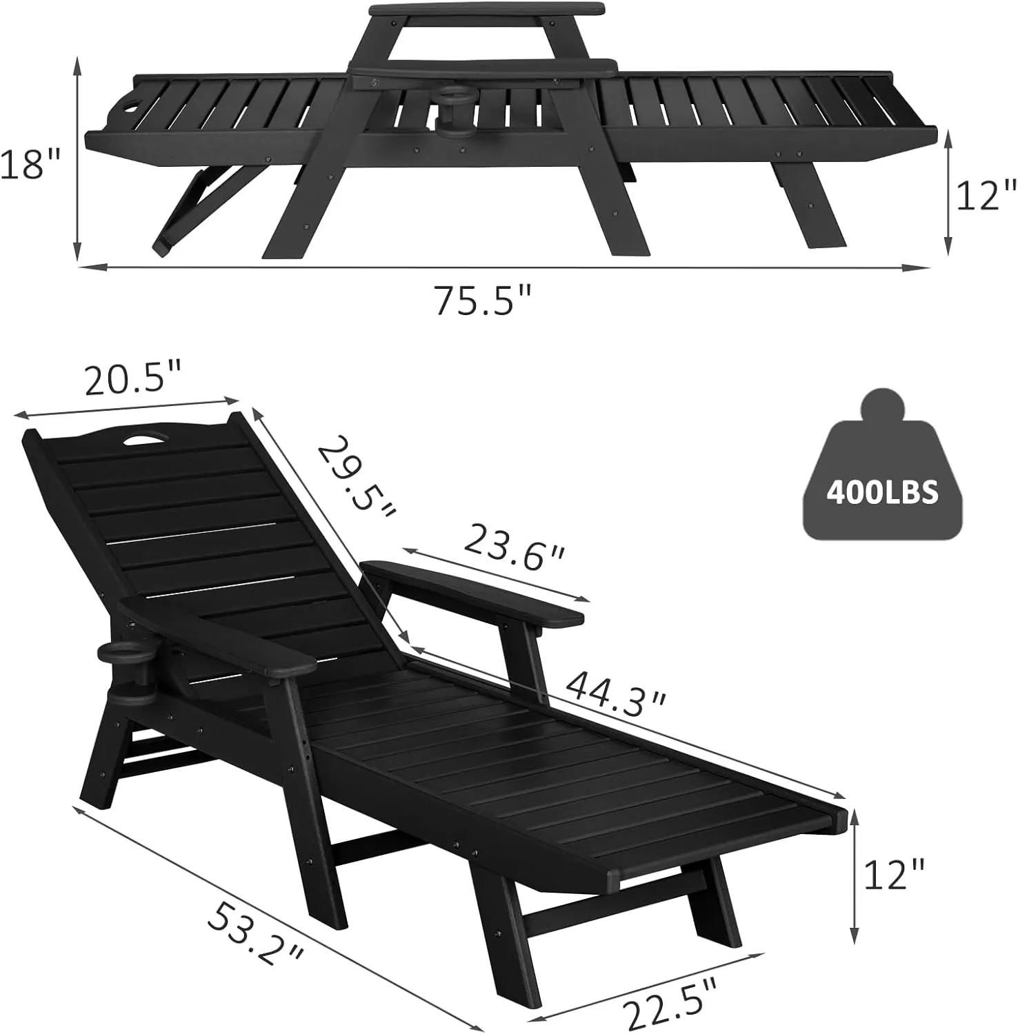 nalone Chaise Lounge Set of 2 Outdoor with 5-Position Adjustable Backrest, HDPE Lounge Chair for Outside Supports Up to 400 LBS, Pool Lounge Chairs for Patio Poolside Deck Beach Backyard (Black)