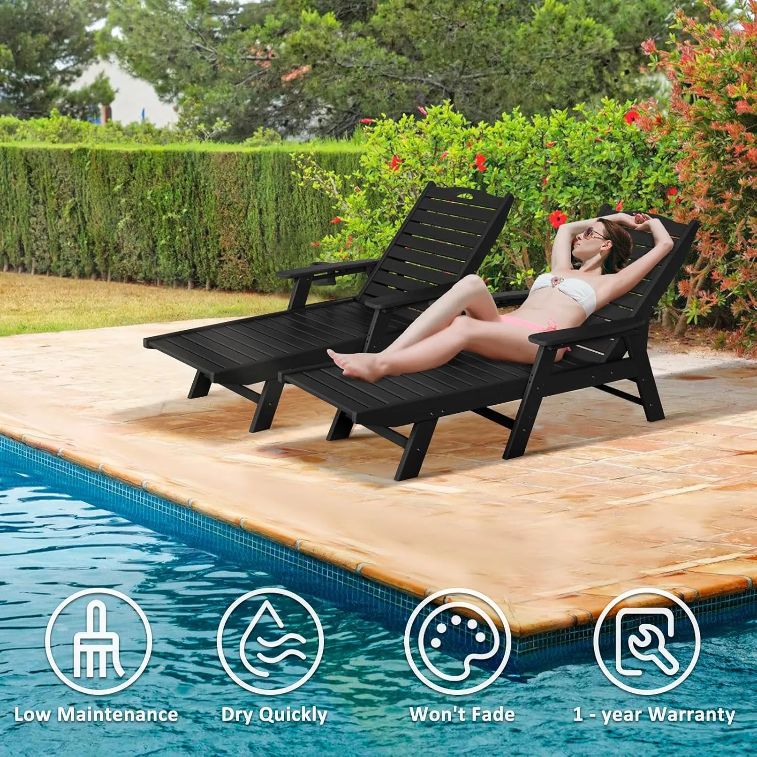 nalone Chaise Lounge Set of 2 Outdoor with 5-Position Adjustable Backrest, HDPE Lounge Chair for Outside Supports Up to 400 LBS, Pool Lounge Chairs for Patio Poolside Deck Beach Backyard (Black)