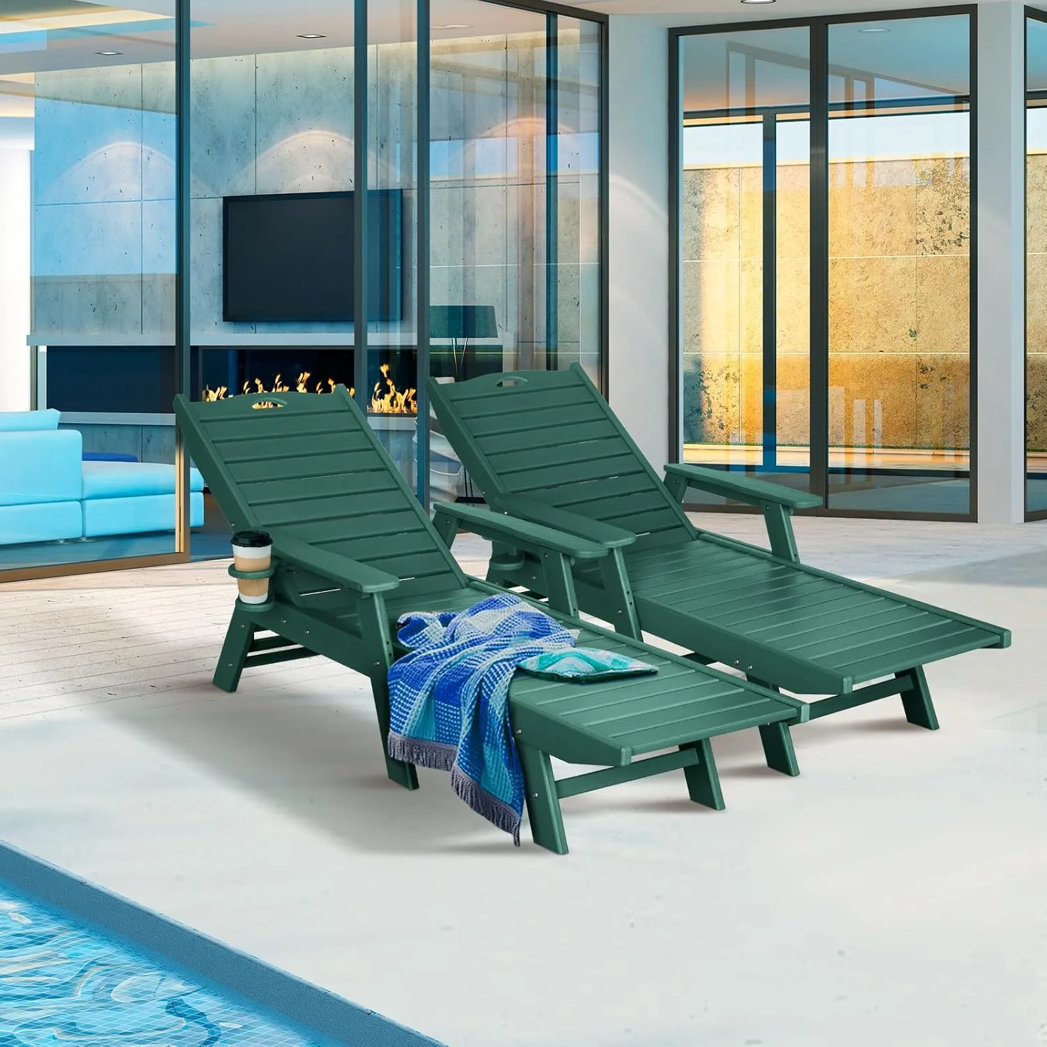 nalone Chaise Lounge Set of 2 Outdoor with 5-Position Adjustable Backrest, HDPE Lounge Chair for Outside Supports Up to 400 LBS, Pool Lounge Chairs for Patio Poolside Deck Beach Backyard (Green)