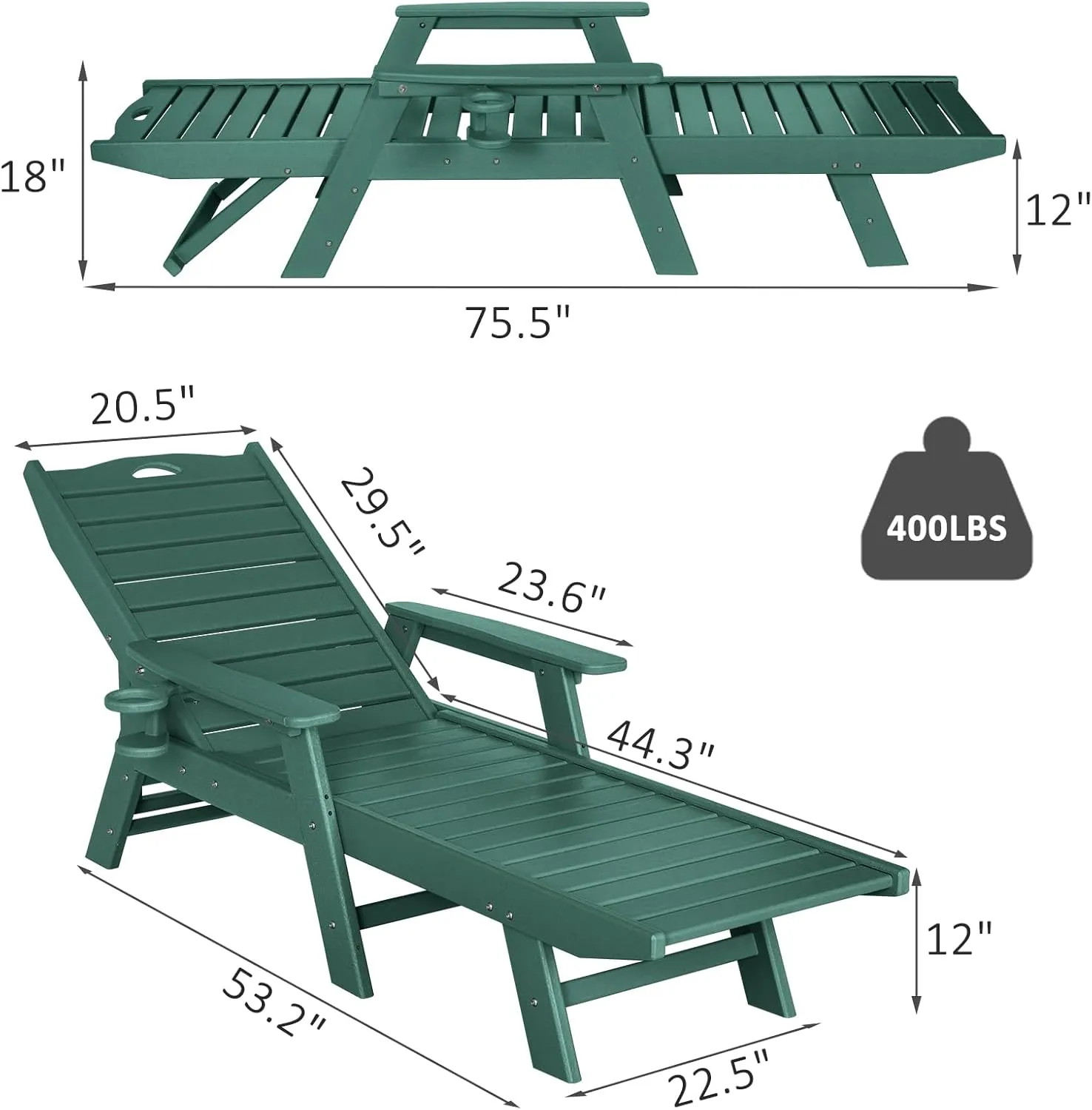 nalone Chaise Lounge Set of 2 Outdoor with 5-Position Adjustable Backrest, HDPE Lounge Chair for Outside Supports Up to 400 LBS, Pool Lounge Chairs for Patio Poolside Deck Beach Backyard (Green)