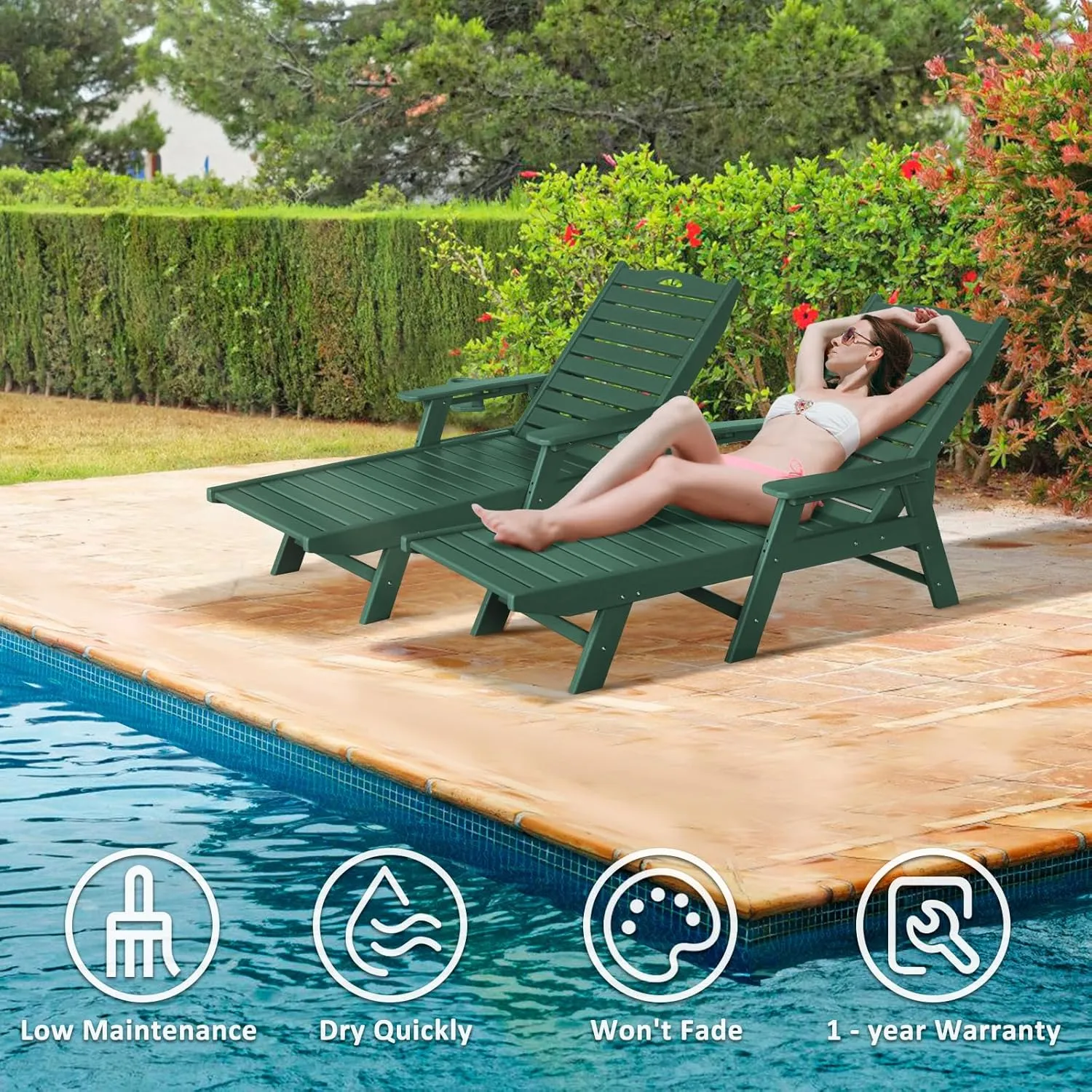nalone Chaise Lounge Set of 2 Outdoor with 5-Position Adjustable Backrest, HDPE Lounge Chair for Outside Supports Up to 400 LBS, Pool Lounge Chairs for Patio Poolside Deck Beach Backyard (Green)