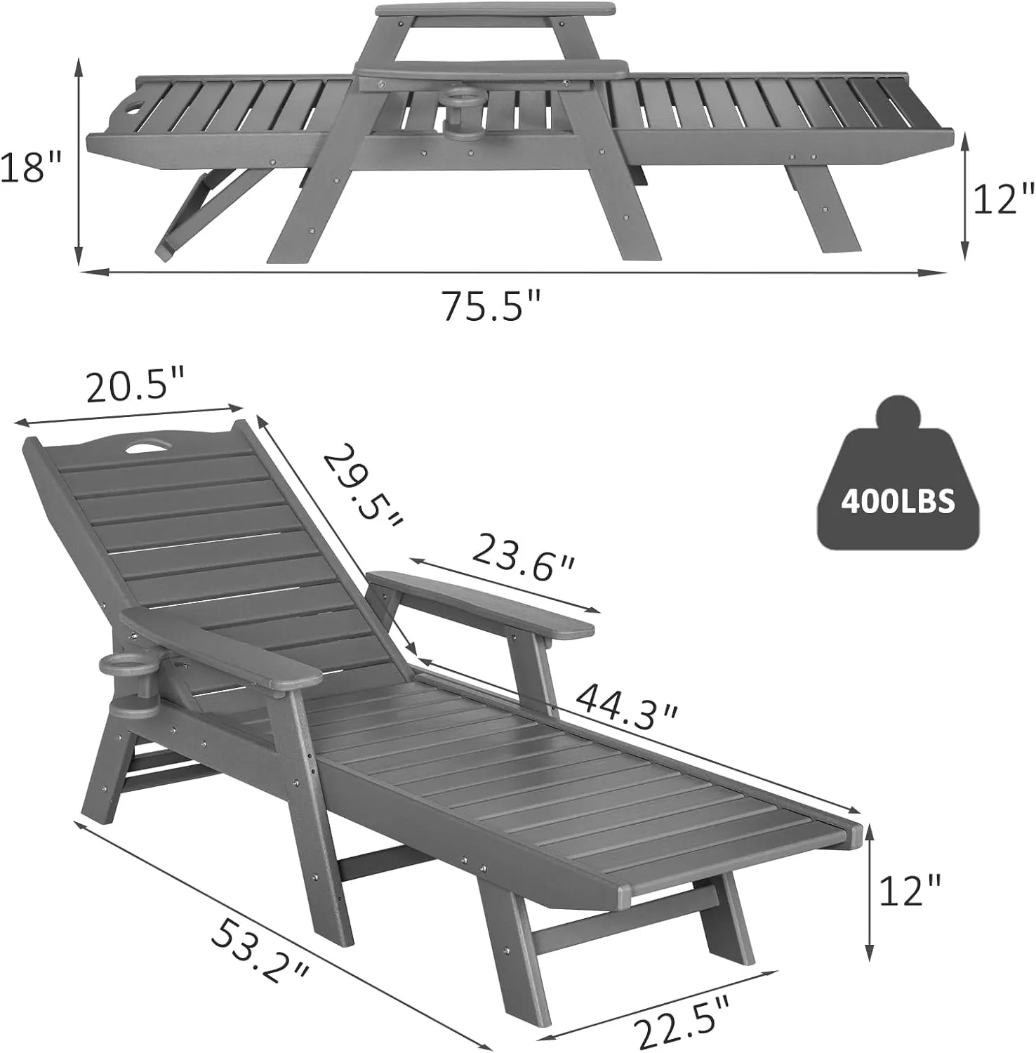 nalone Chaise Lounge Set of 2 Outdoor with 5-Position Adjustable Backrest, HDPE Lounge Chair for Outside Supports Up to 400 LBS, Pool Lounge Chairs for Patio Poolside Deck Beach Backyard (Grey)