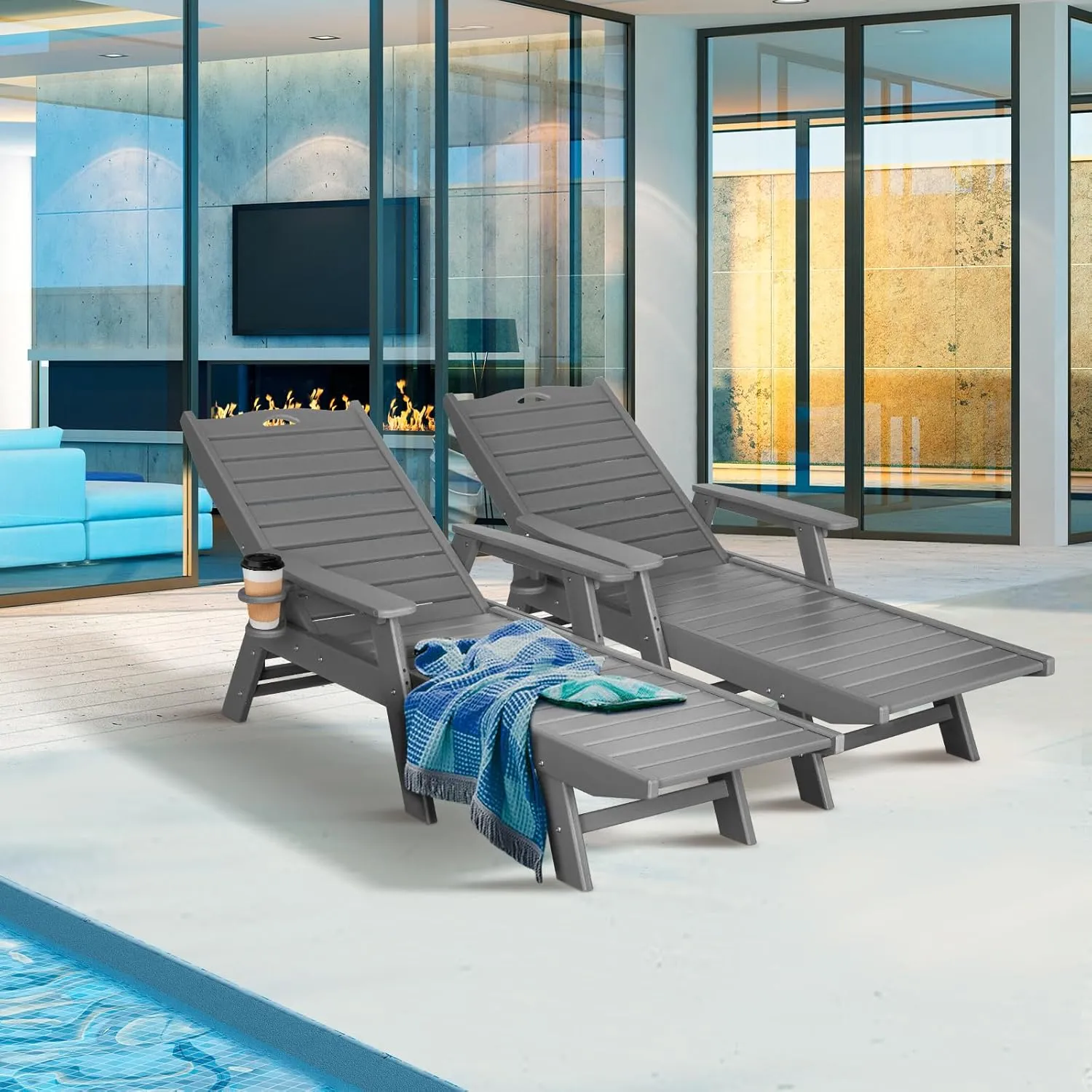 nalone Chaise Lounge Set of 2 Outdoor with 5-Position Adjustable Backrest, HDPE Lounge Chair for Outside Supports Up to 400 LBS, Pool Lounge Chairs for Patio Poolside Deck Beach Backyard (Grey)