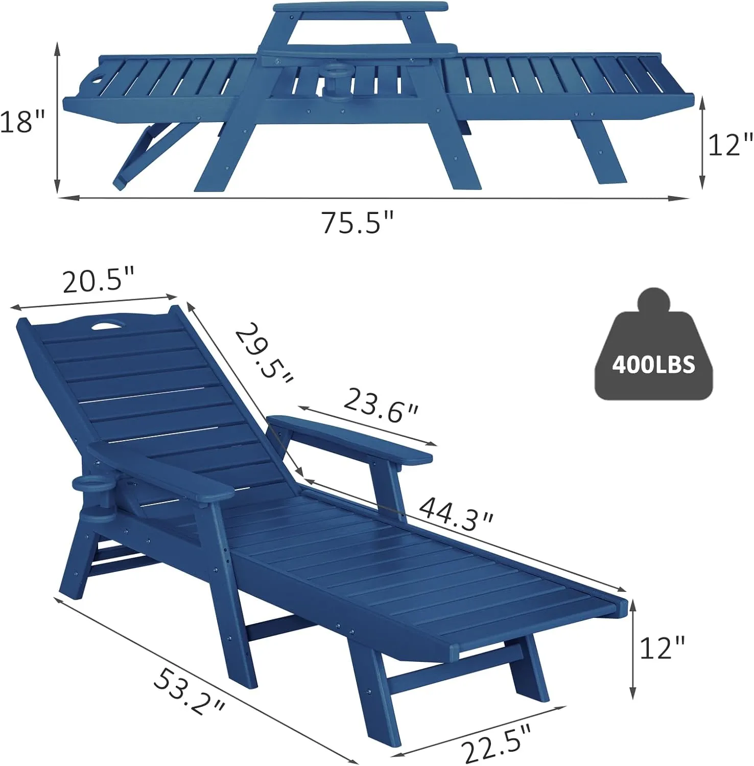 nalone Chaise Lounge Set of 2 Outdoor with 5-Position Adjustable Backrest, HDPE Lounge Chair for Outside Supports Up to 400 LBS, Pool Lounge Chairs for Patio Poolside Deck Beach Backyard (Navy Blue)