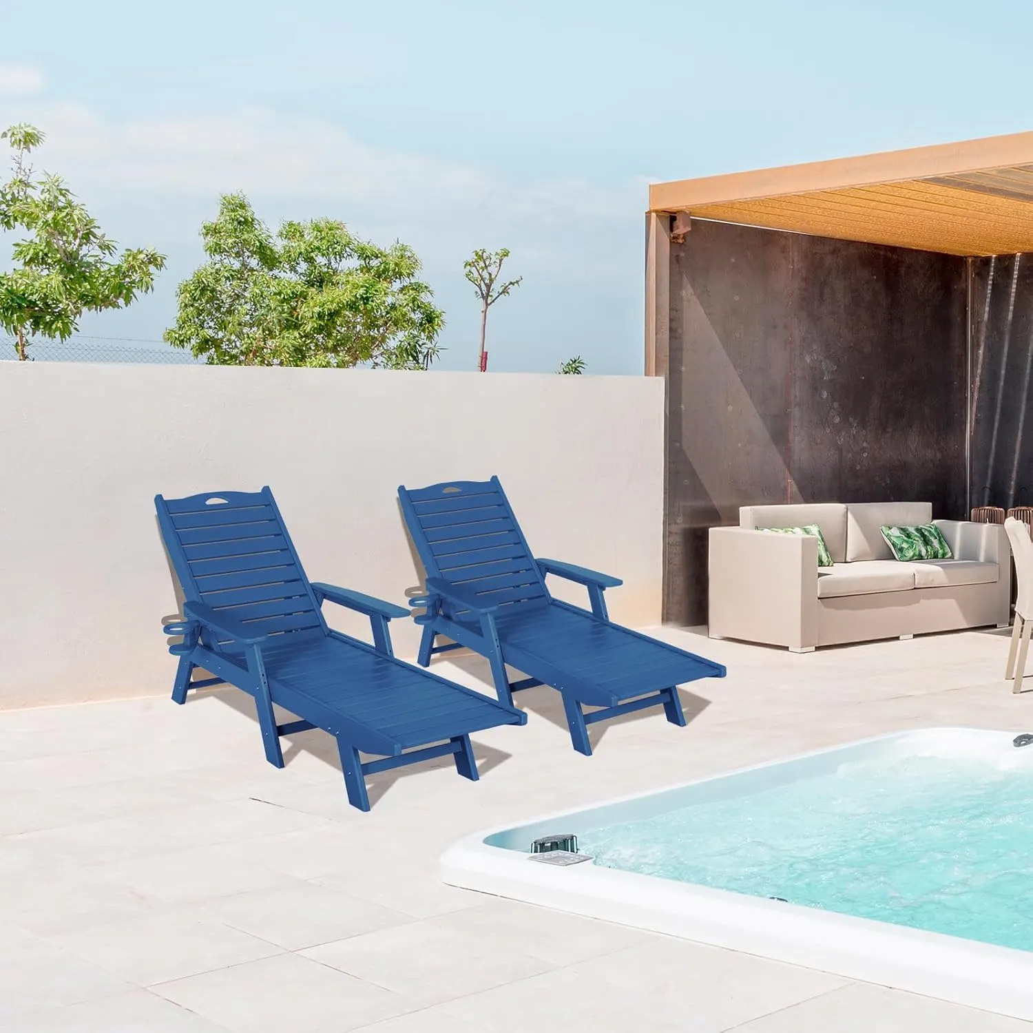 nalone Chaise Lounge Set of 2 Outdoor with 5-Position Adjustable Backrest, HDPE Lounge Chair for Outside Supports Up to 400 LBS, Pool Lounge Chairs for Patio Poolside Deck Beach Backyard (Navy Blue)