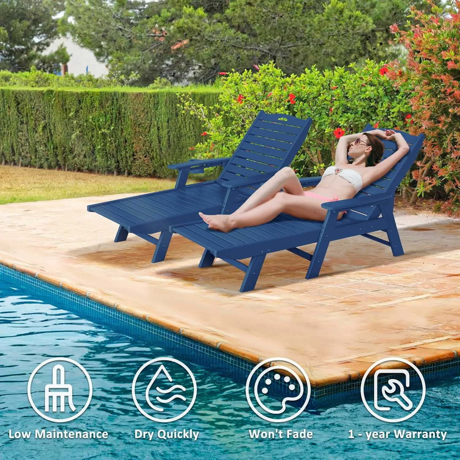 nalone Chaise Lounge Set of 2 Outdoor with 5-Position Adjustable Backrest, HDPE Lounge Chair for Outside Supports Up to 400 LBS, Pool Lounge Chairs for Patio Poolside Deck Beach Backyard (Navy Blue)