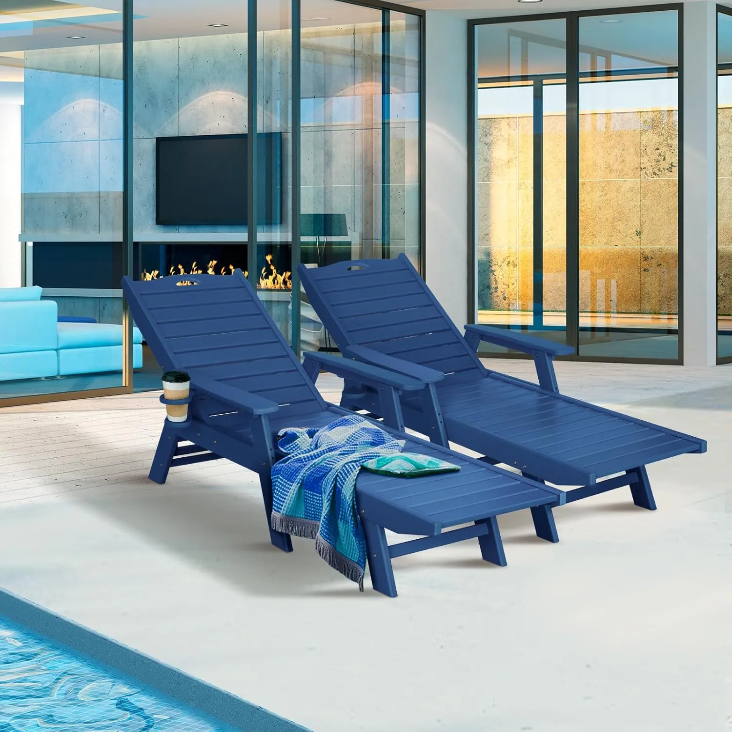 nalone Chaise Lounge Set of 2 Outdoor with 5-Position Adjustable Backrest, HDPE Lounge Chair for Outside Supports Up to 400 LBS, Pool Lounge Chairs for Patio Poolside Deck Beach Backyard (Navy Blue)